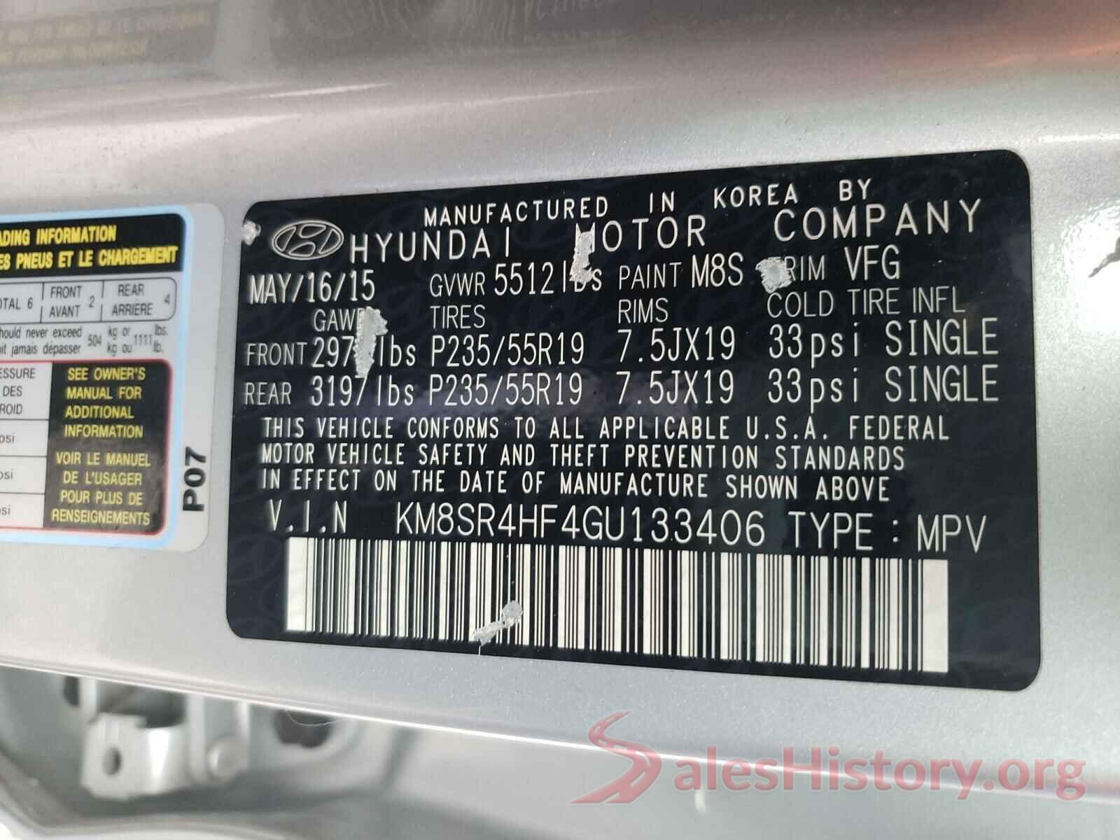 KM8SR4HF4GU133406 2016 HYUNDAI SANTA FE