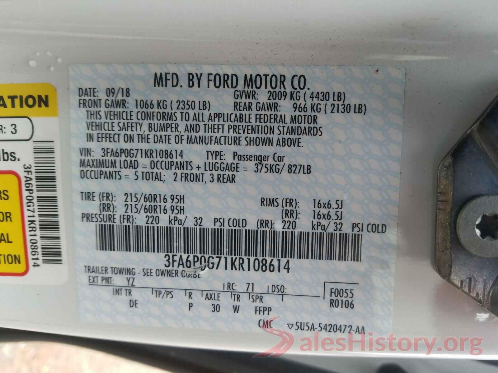 3FA6P0G71KR108614 2019 FORD FUSION