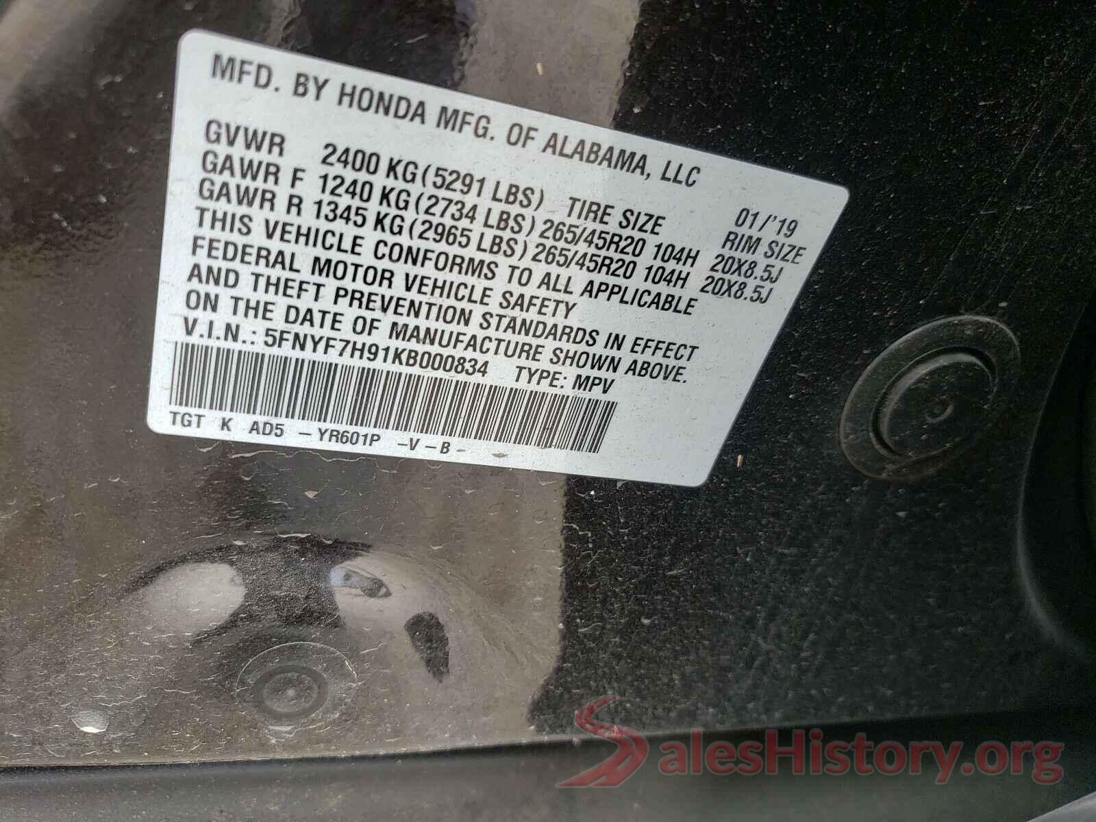 5FNYF7H91KB000834 2019 HONDA PASSPORT