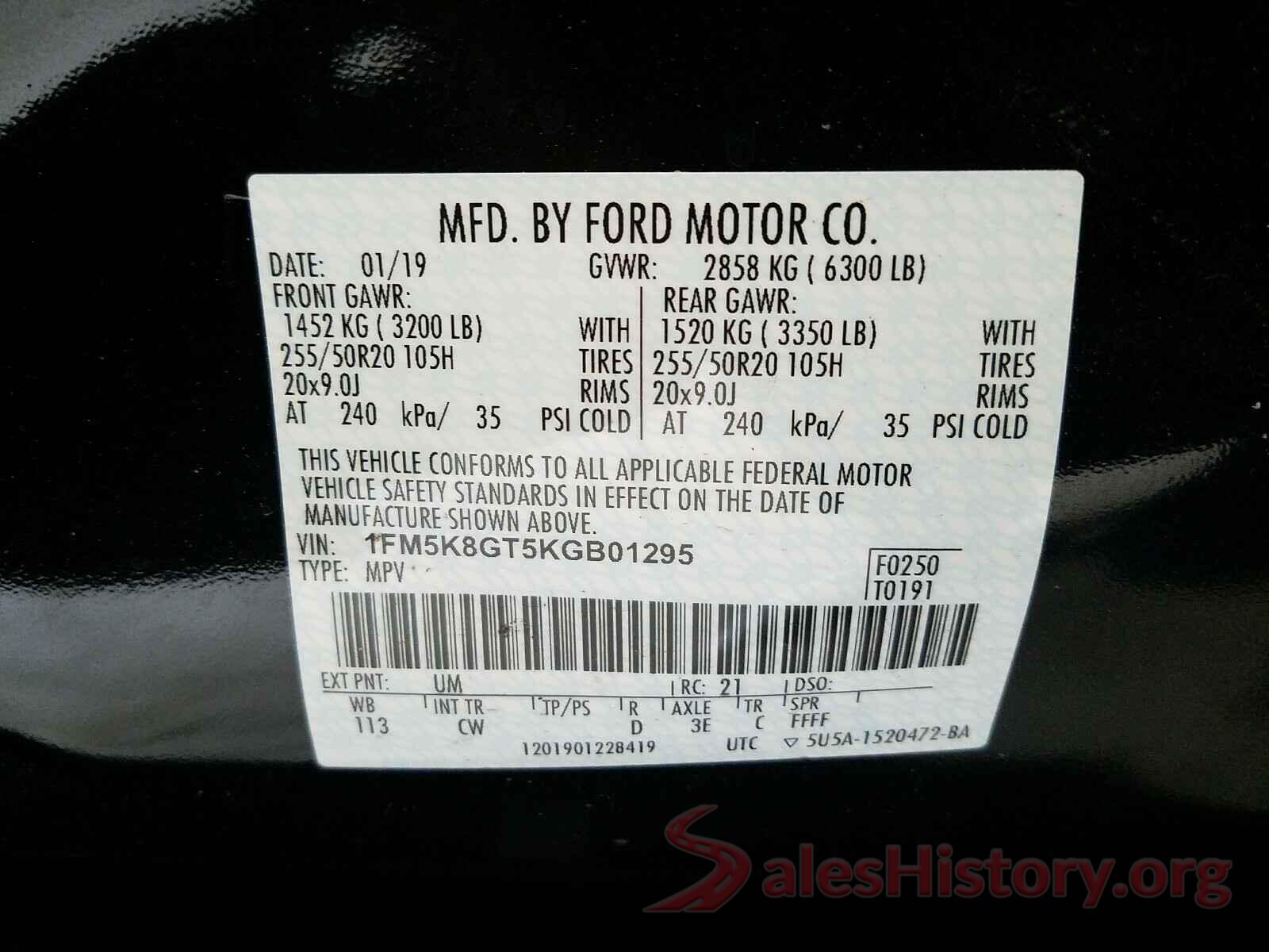 1FM5K8GT5KGB01295 2019 FORD EXPLORER