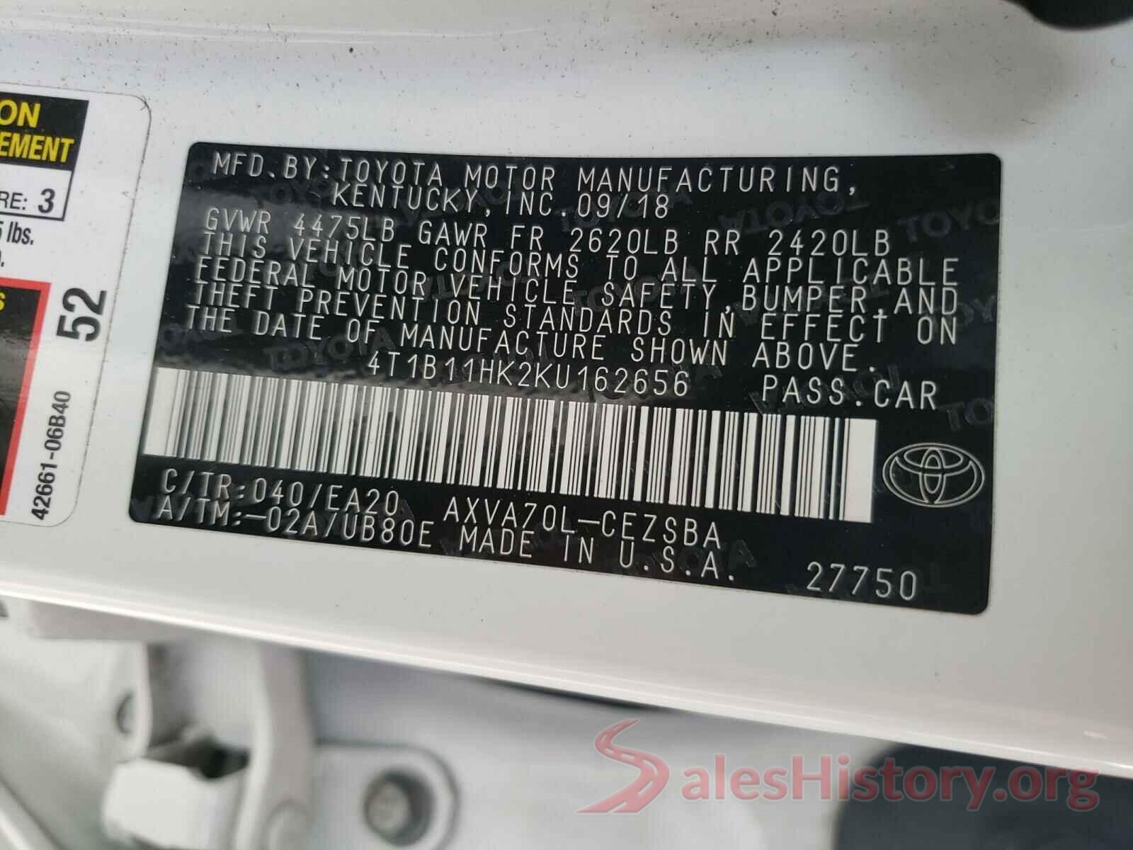 4T1B11HK2KU162656 2019 TOYOTA CAMRY