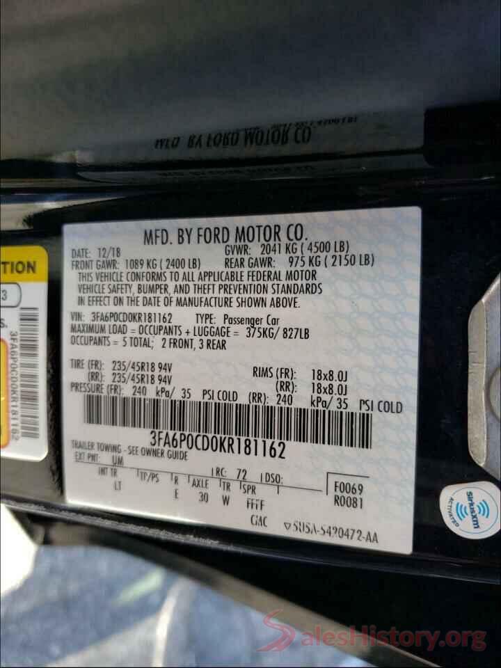 3FA6P0CD0KR181162 2019 FORD FUSION