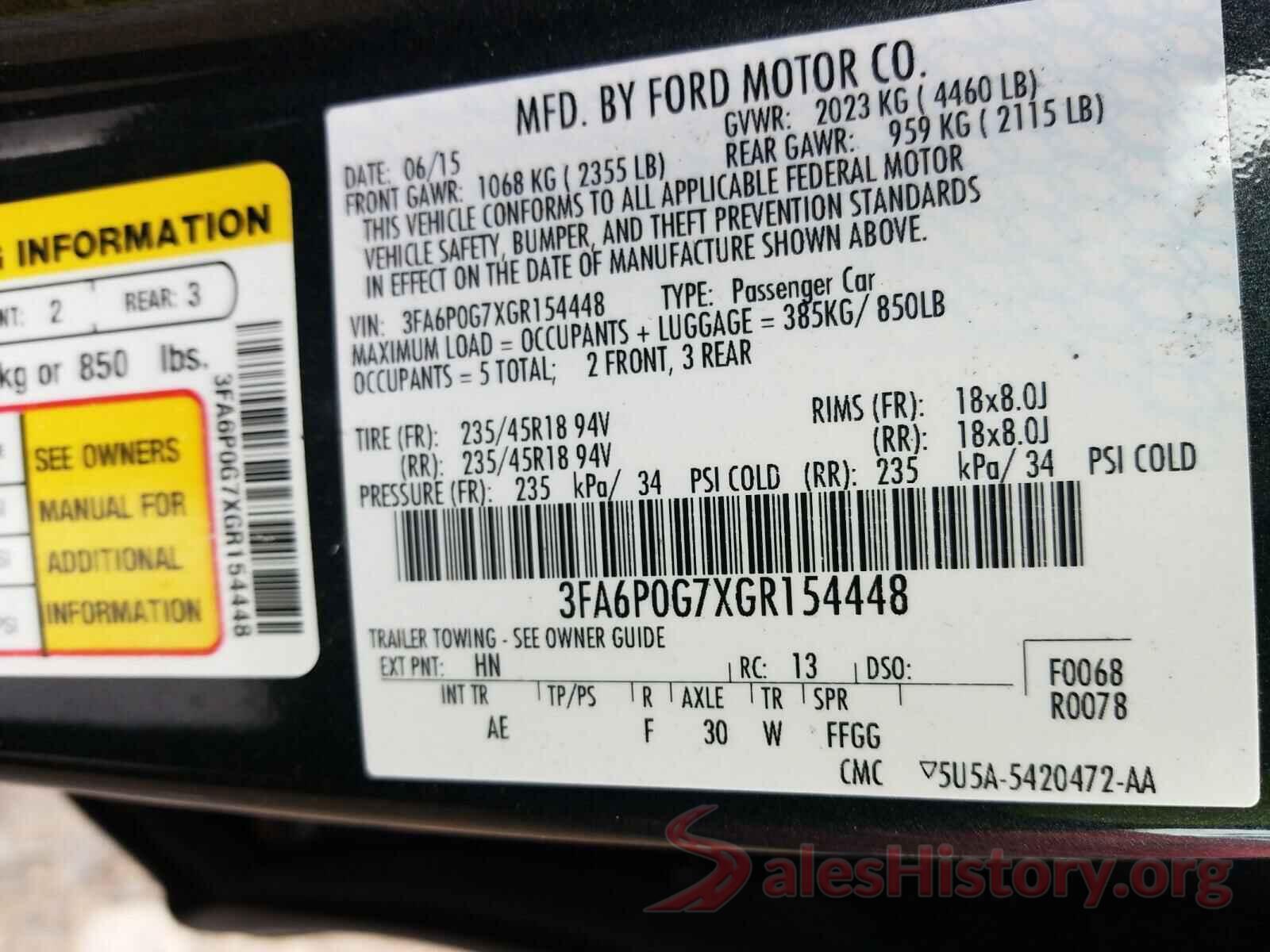 3FA6P0G7XGR154448 2016 FORD FUSION