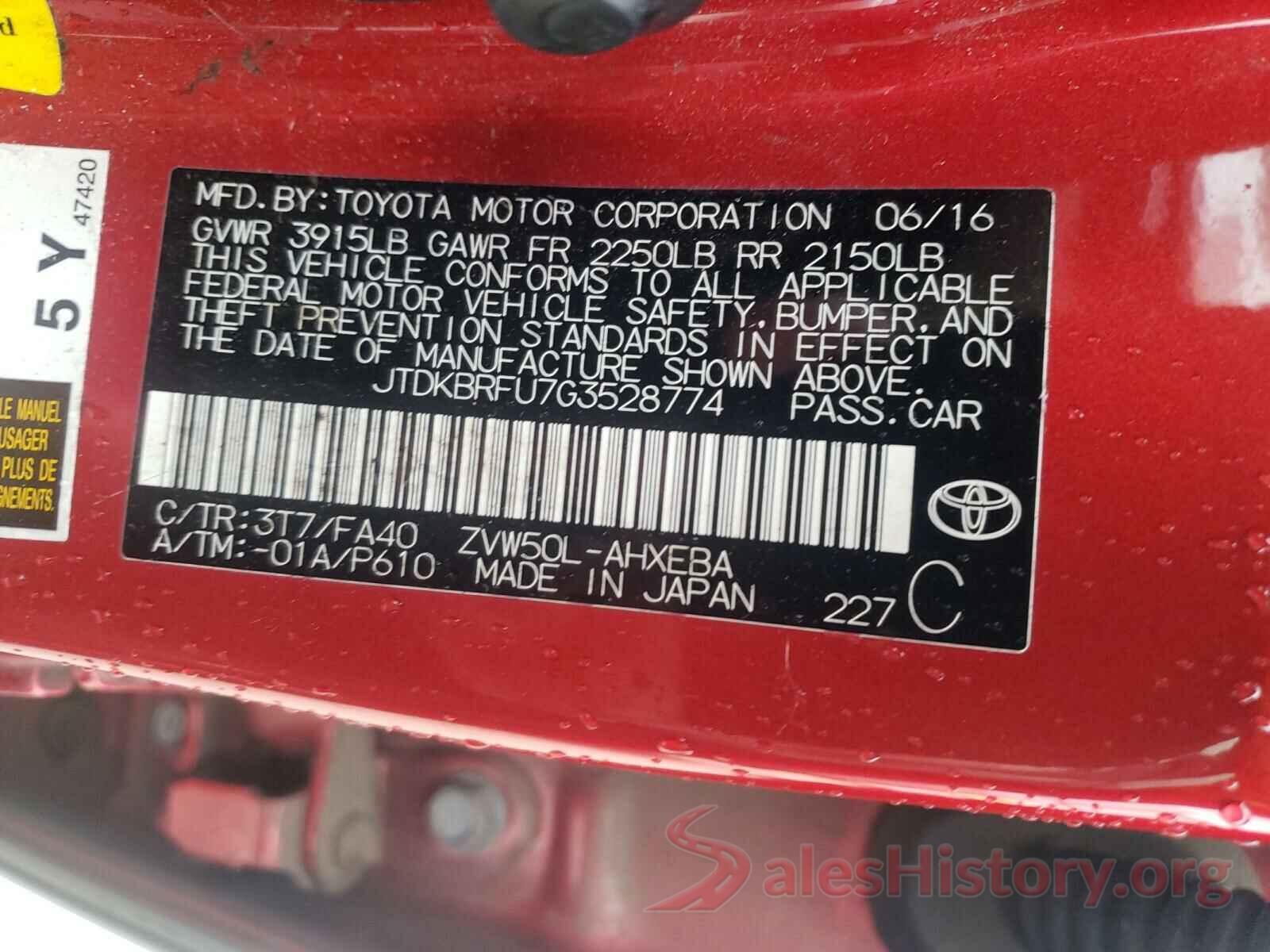 JTDKBRFU7G3528774 2016 TOYOTA PRIUS