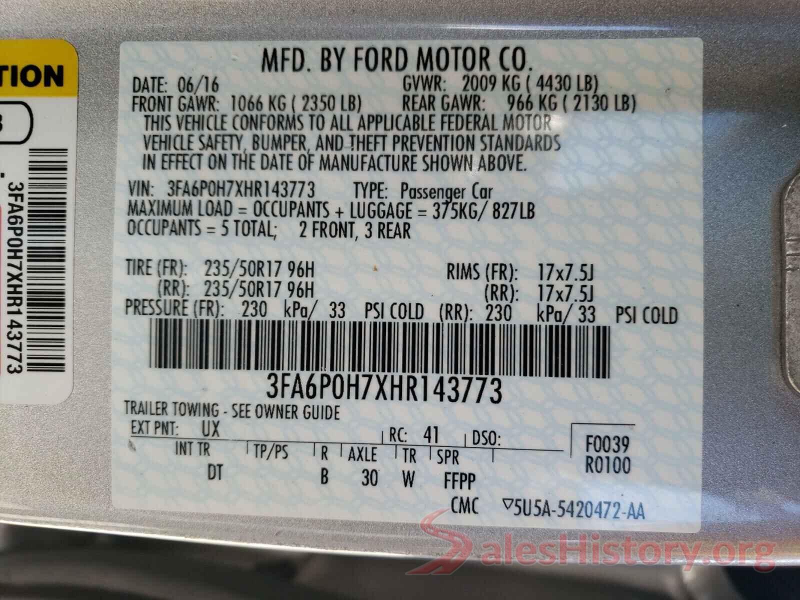 3FA6P0H7XHR143773 2017 FORD FUSION