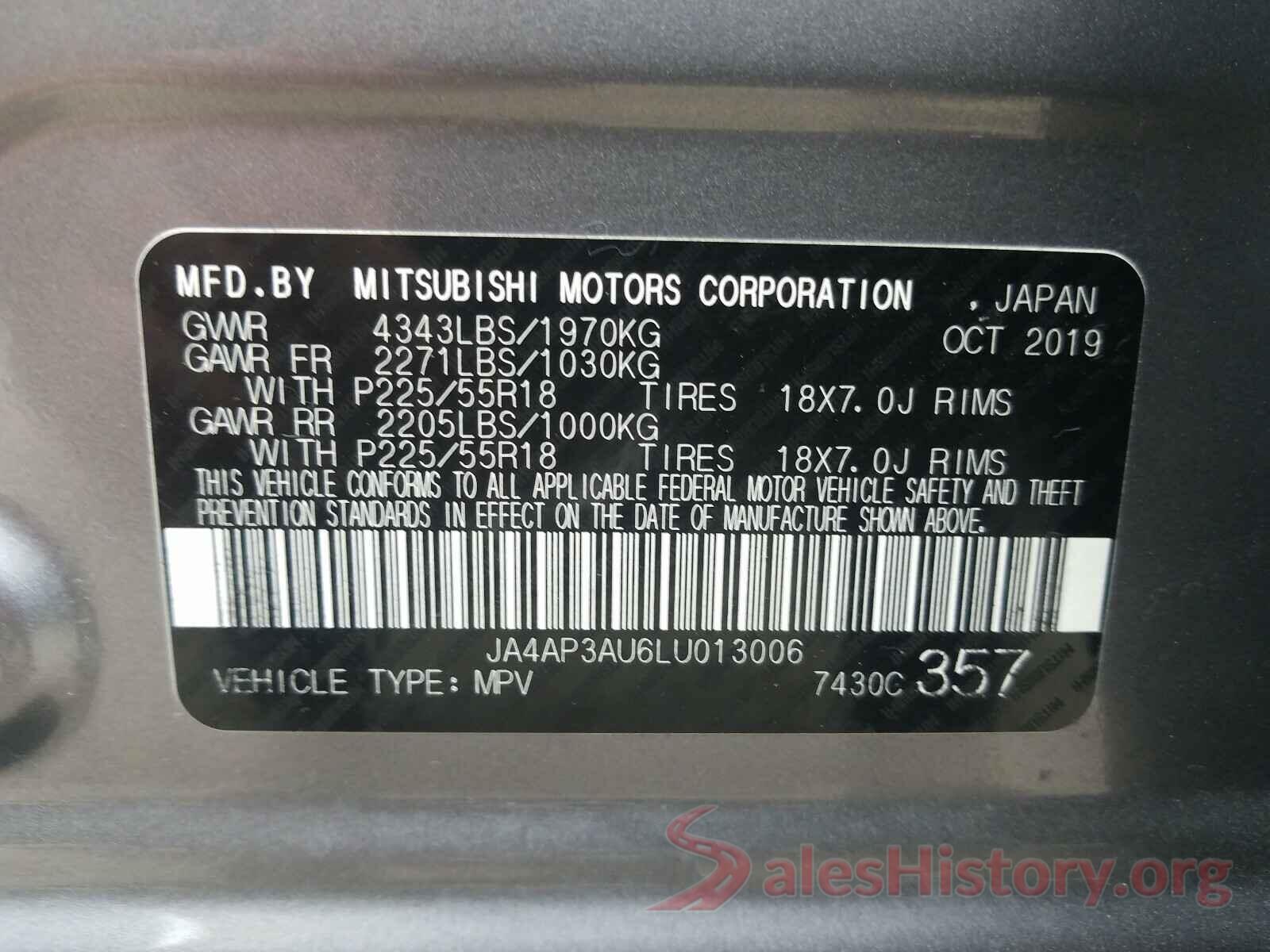 JA4AP3AU6LU013006 2020 MITSUBISHI OUTLANDER