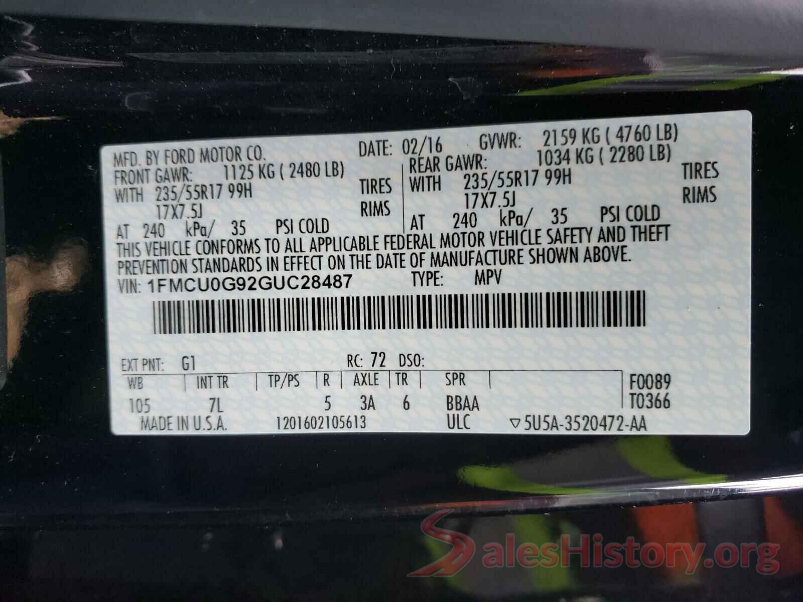 1FMCU0G92GUC28487 2016 FORD ESCAPE