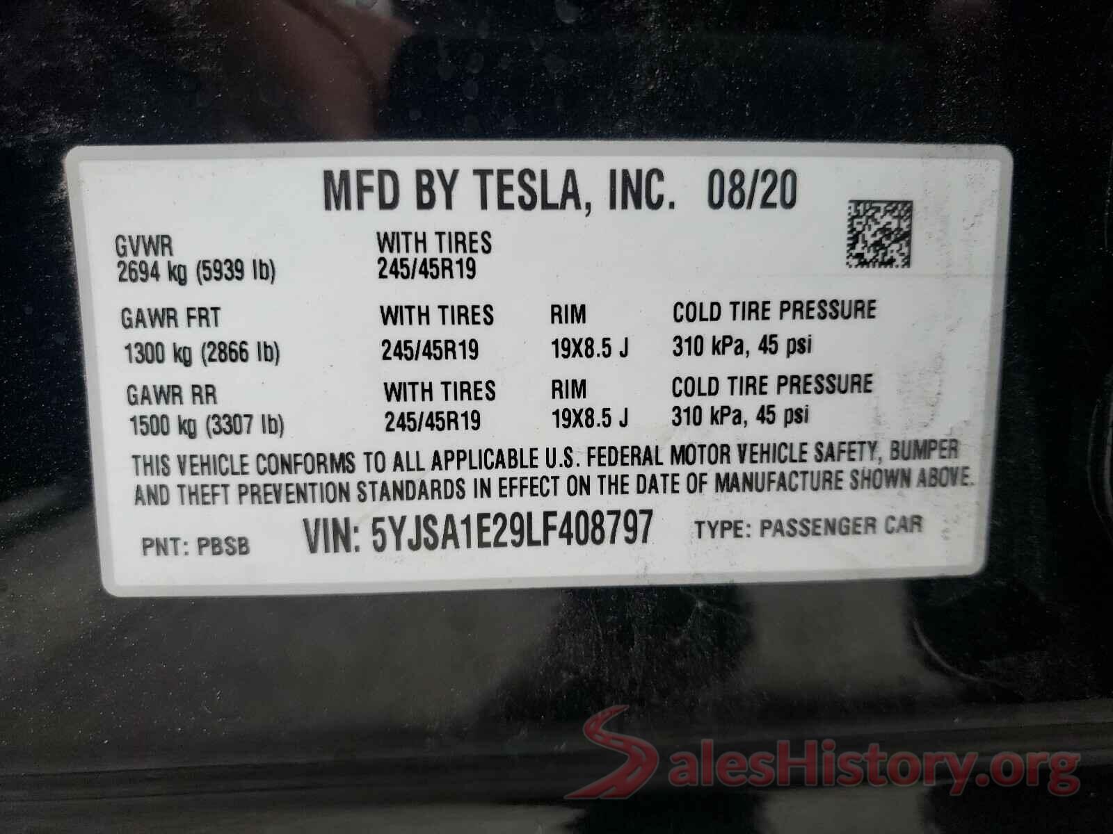 5YJSA1E29LF408797 2020 TESLA MODEL S