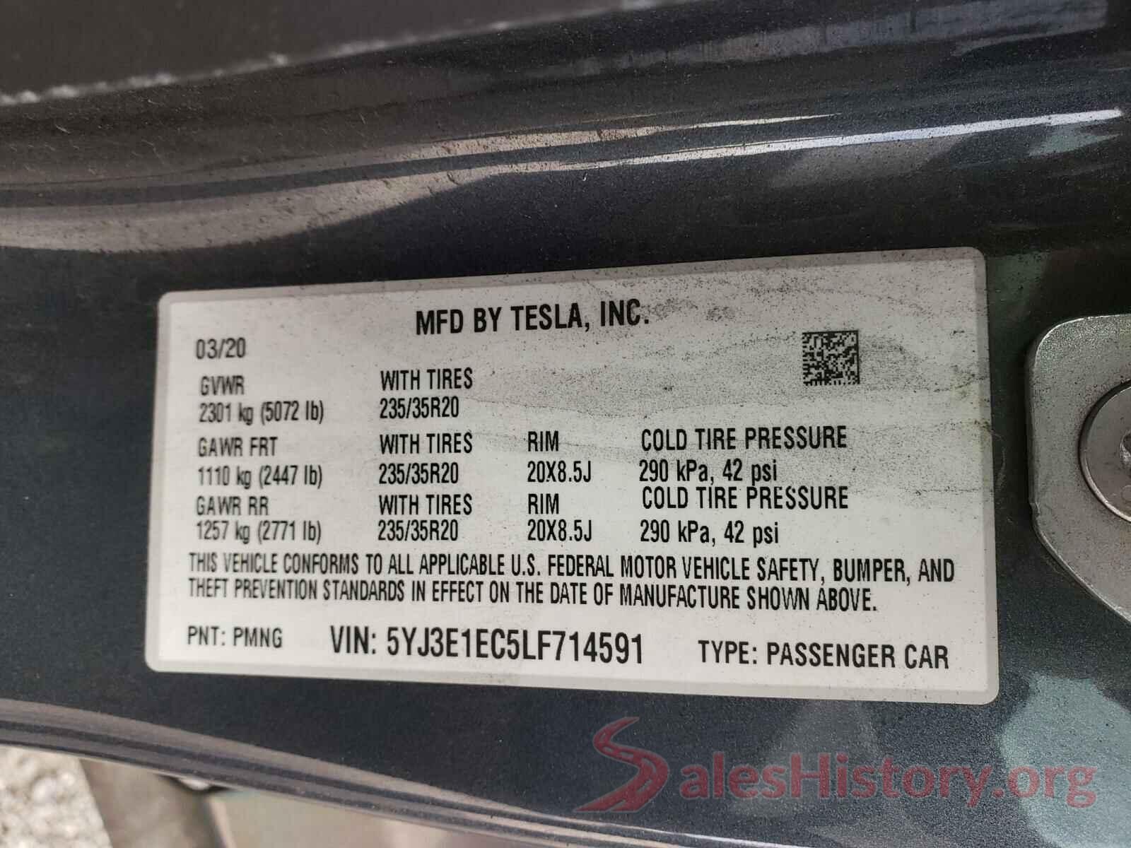 5YJ3E1EC5LF714591 2020 TESLA MODEL 3