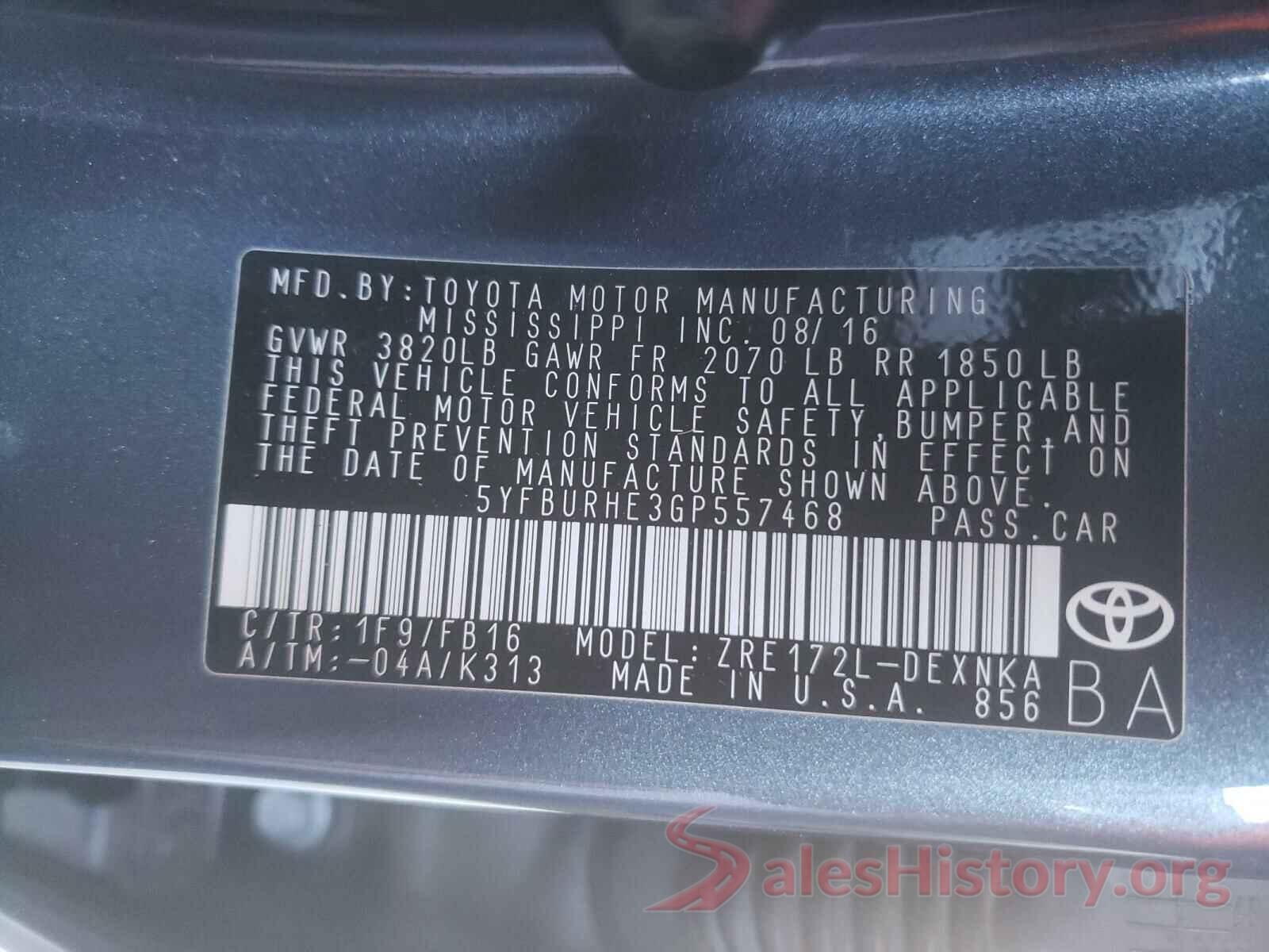 5YFBURHE3GP557468 2016 TOYOTA COROLLA