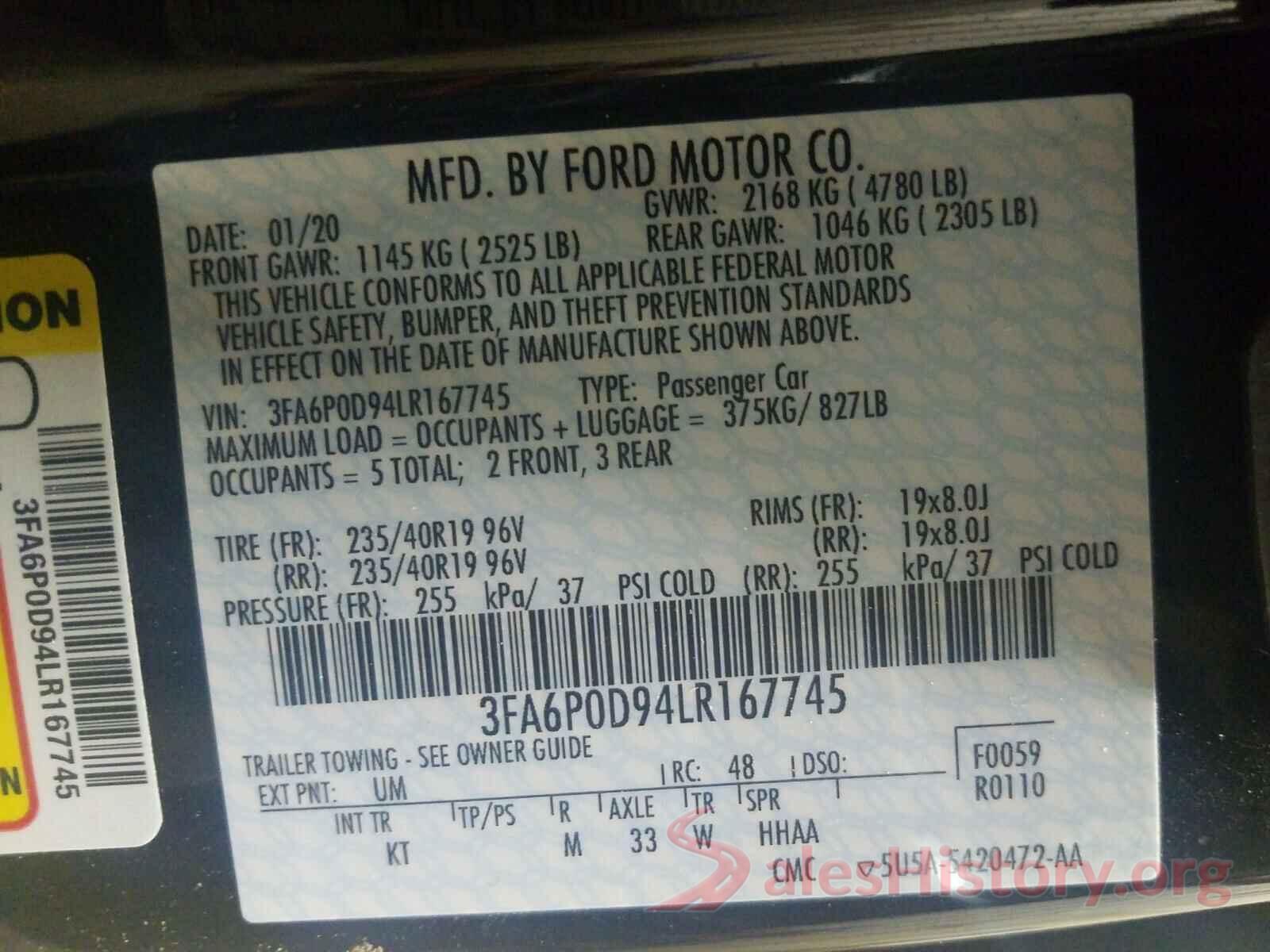 3FA6P0D94LR167745 2020 FORD FUSION