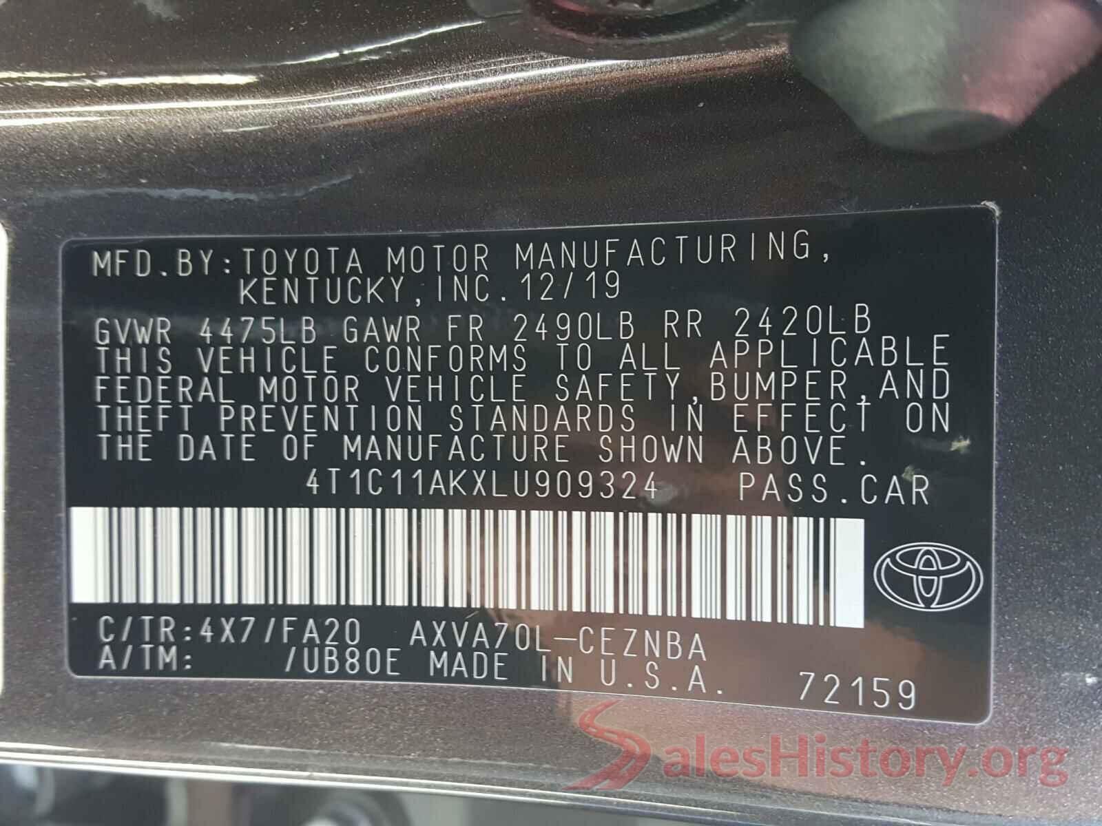 4T1C11AKXLU909324 2020 TOYOTA CAMRY