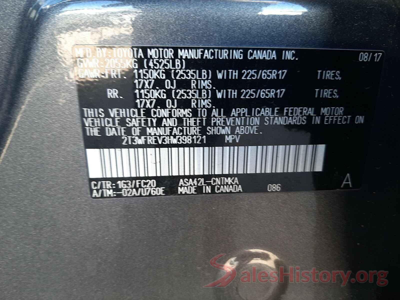 2T3WFREV3HW398121 2017 TOYOTA RAV4