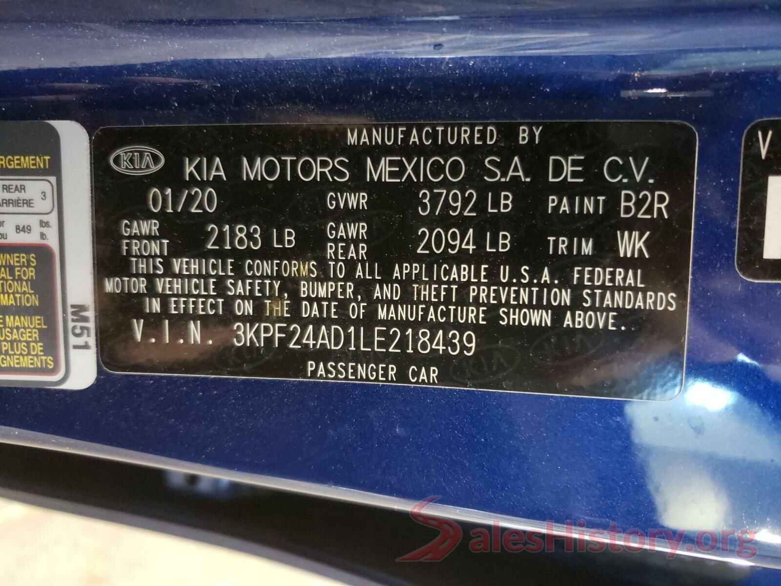 3KPF24AD1LE218439 2020 KIA FORTE