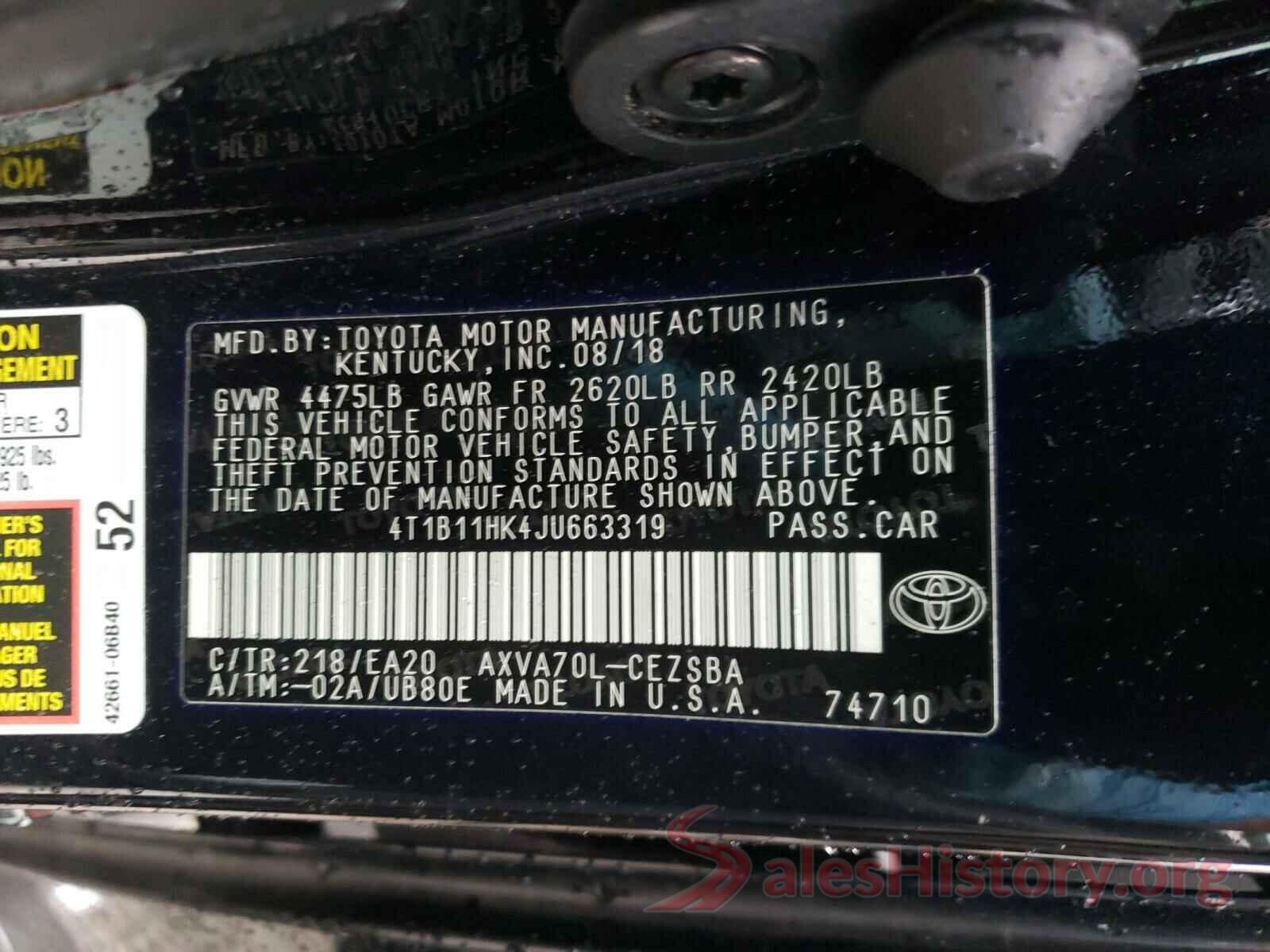 4T1B11HK4JU663319 2018 TOYOTA CAMRY