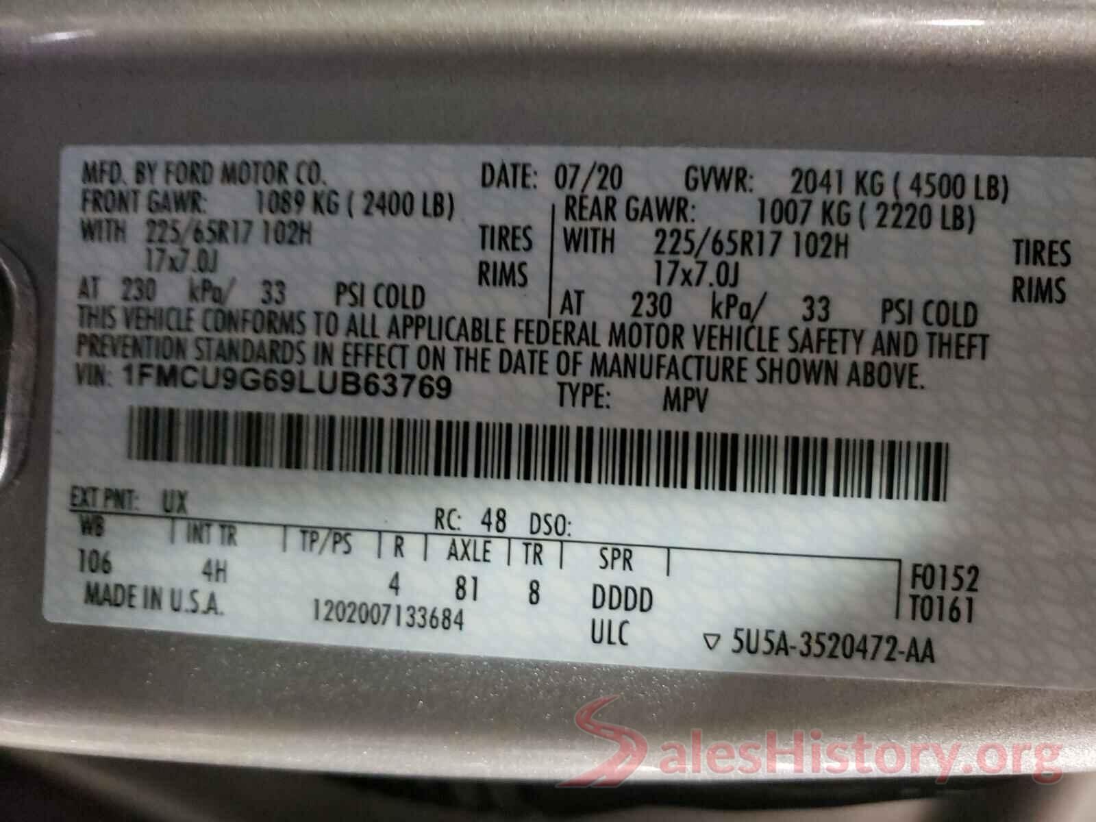 1FMCU9G69LUB63769 2020 FORD ESCAPE