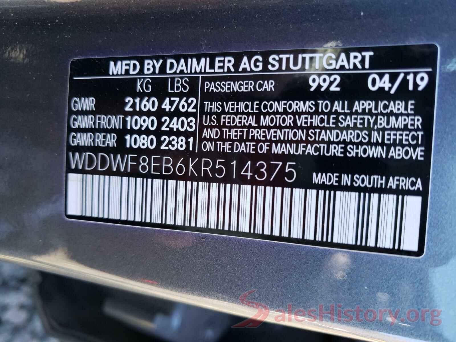 WDDWF8EB6KR514375 2019 MERCEDES-BENZ C CLASS