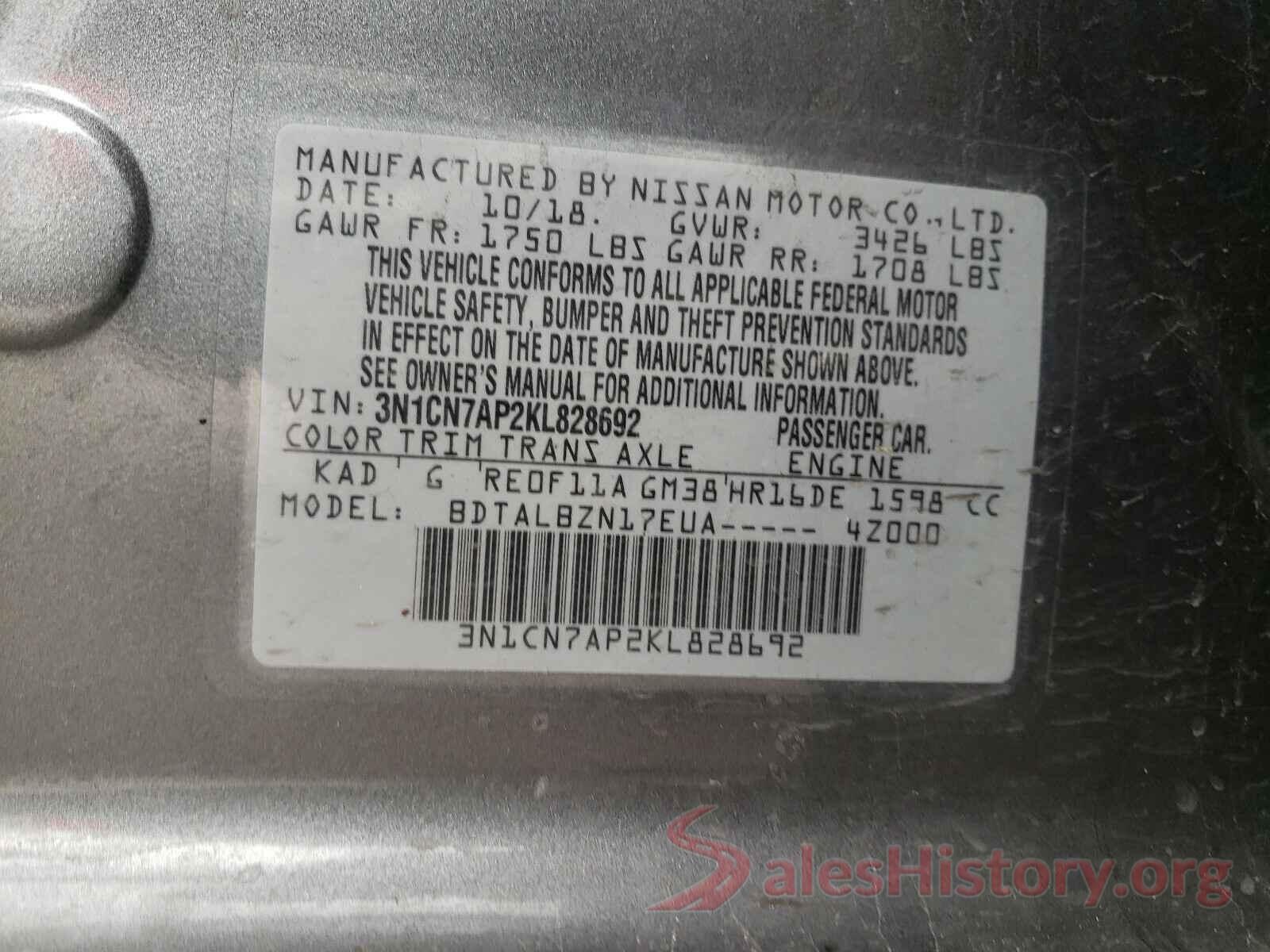 3N1CN7AP2KL828692 2019 NISSAN VERSA