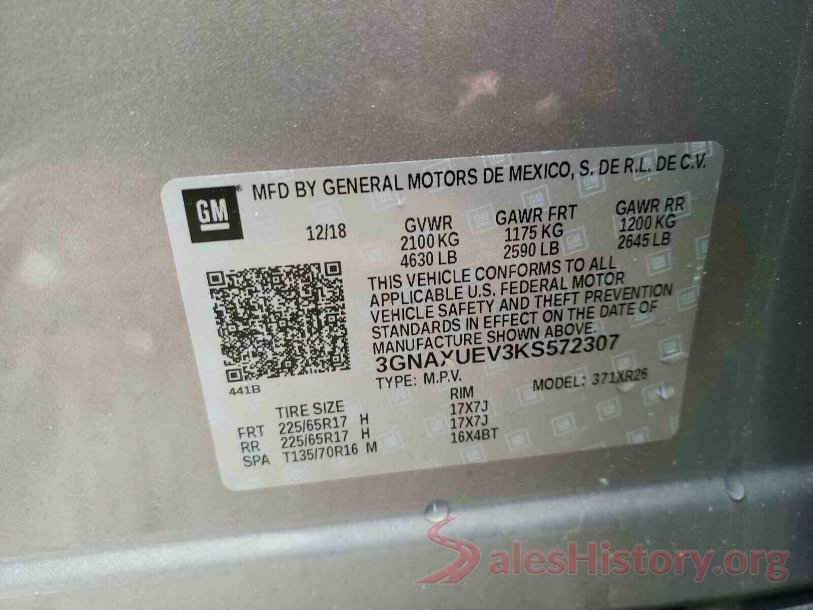 3GNAXUEV3KS572307 2019 CHEVROLET EQUINOX