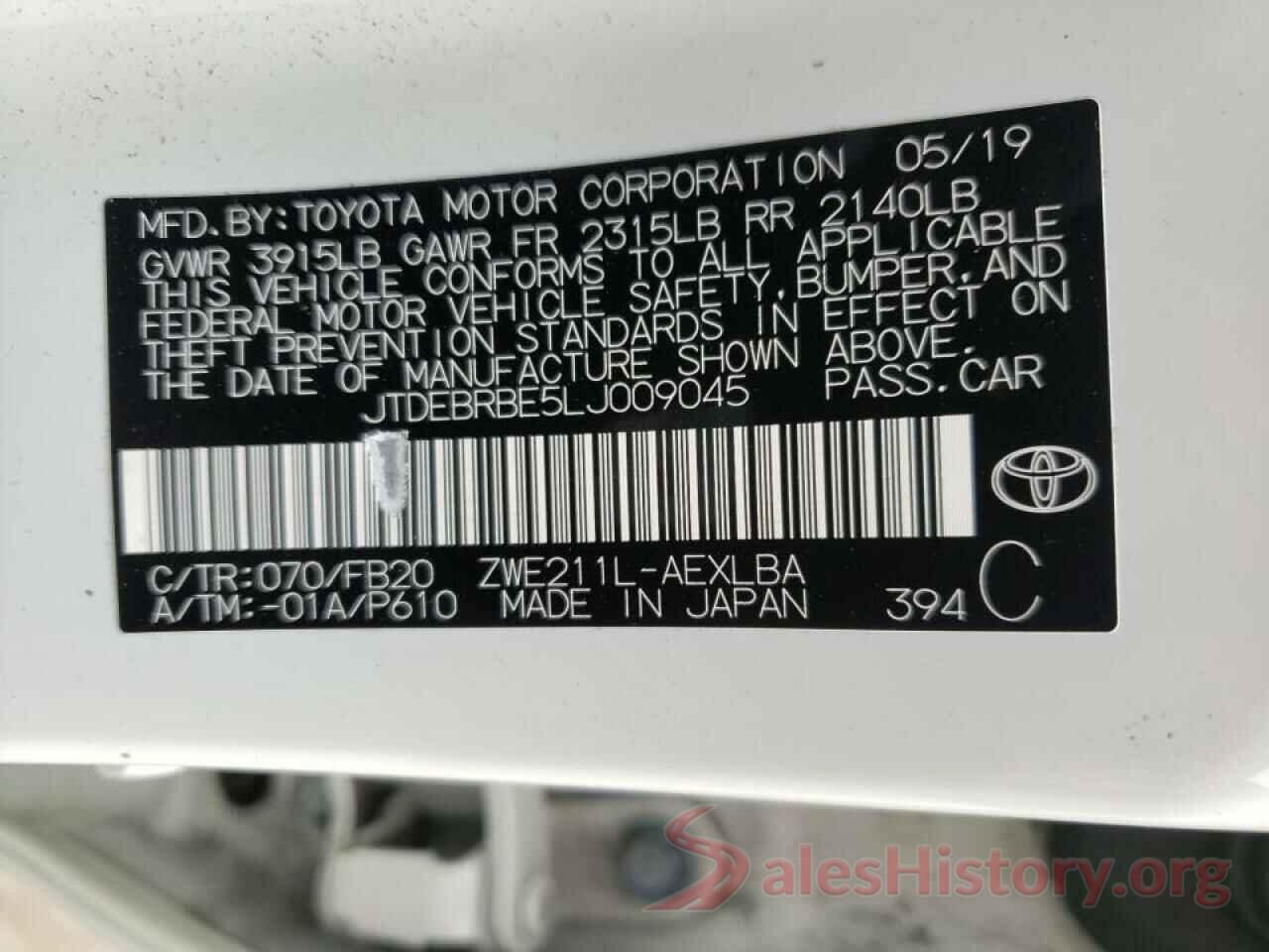 JTDEBRBE5LJ009045 2020 TOYOTA COROLLA