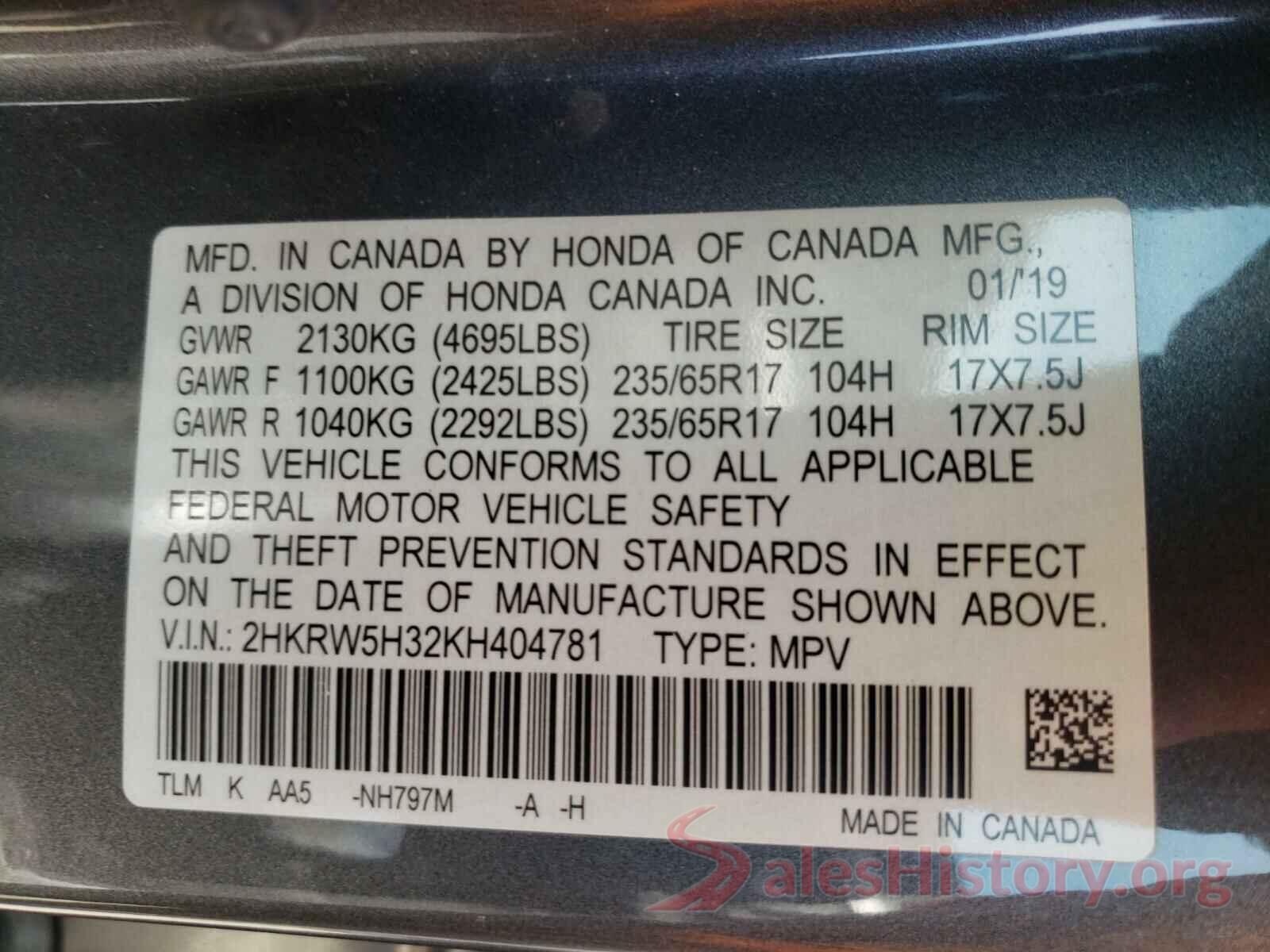 2HKRW5H32KH404781 2019 HONDA CRV