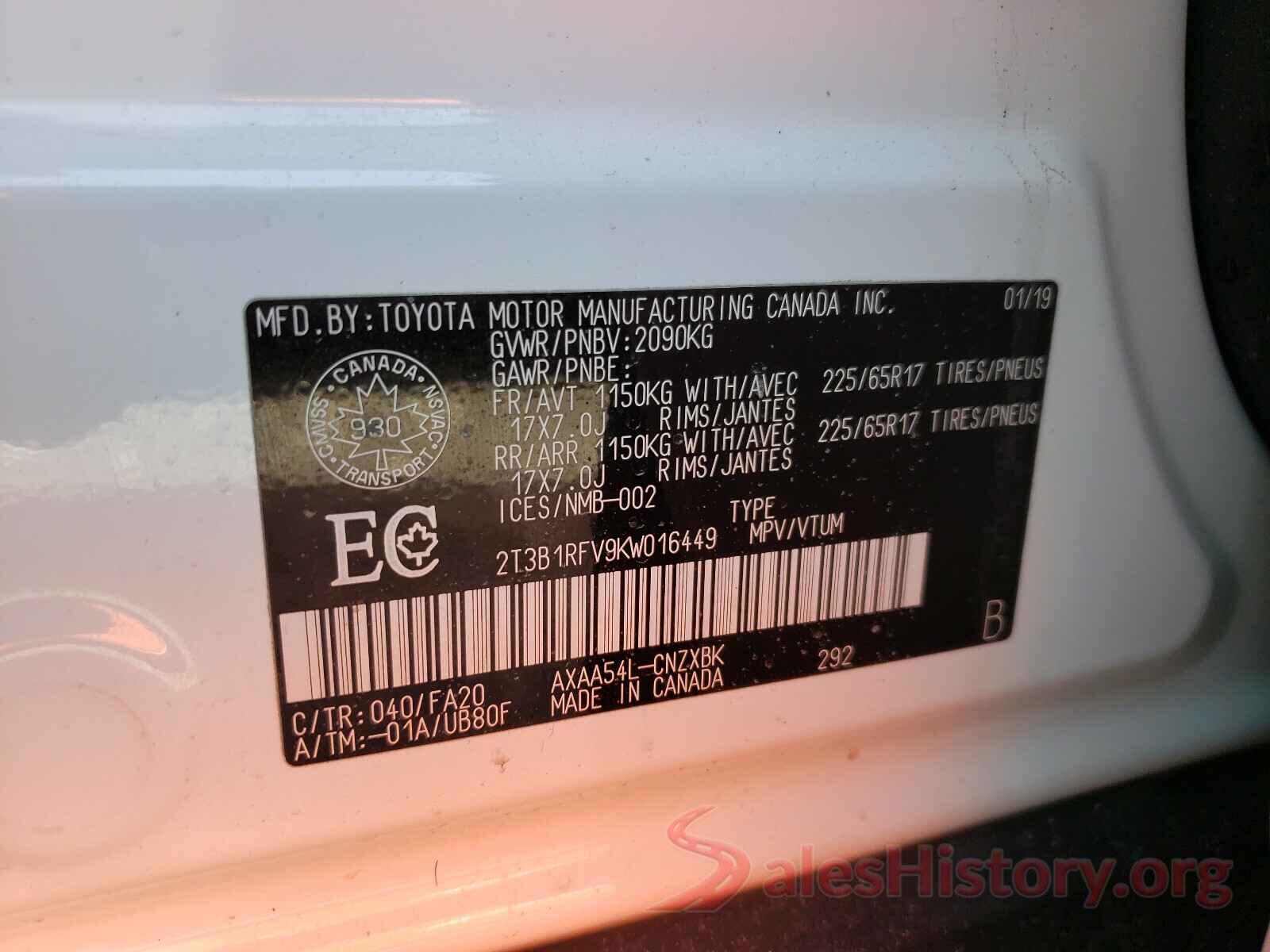 2T3B1RFV9KW016449 2019 TOYOTA RAV4