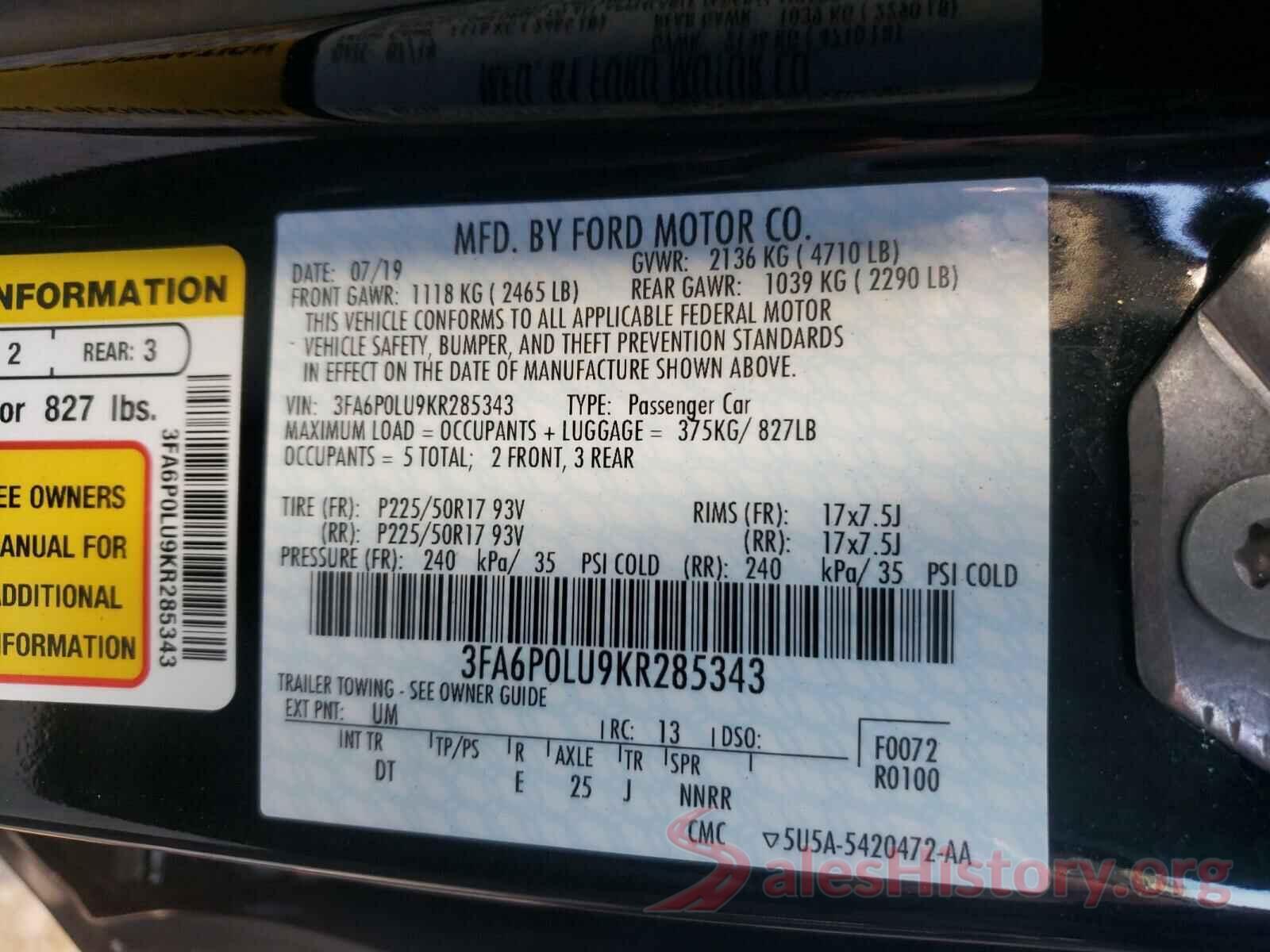 3FA6P0LU9KR285343 2019 FORD FUSION