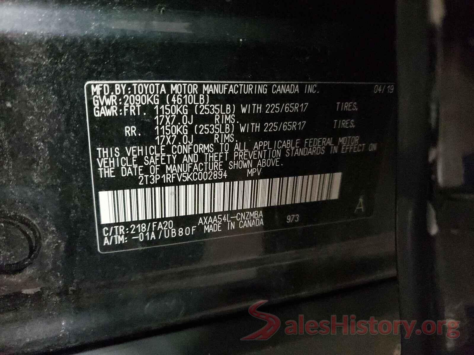 2T3P1RFV5KC002894 2019 TOYOTA RAV4