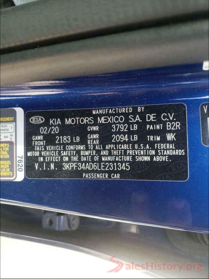 3KPF34AD6LE231345 2020 KIA FORTE