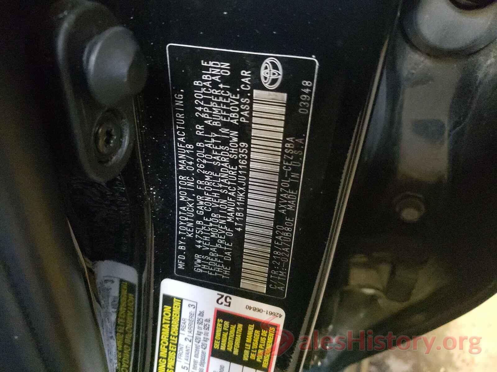 4T1B11HKXJU116359 2018 TOYOTA CAMRY