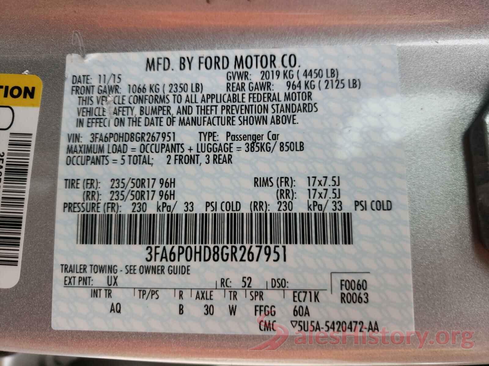 3FA6P0HD8GR267951 2016 FORD FUSION