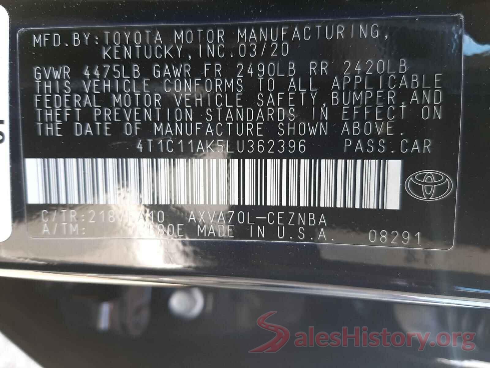 4T1C11AK5LU362396 2020 TOYOTA CAMRY