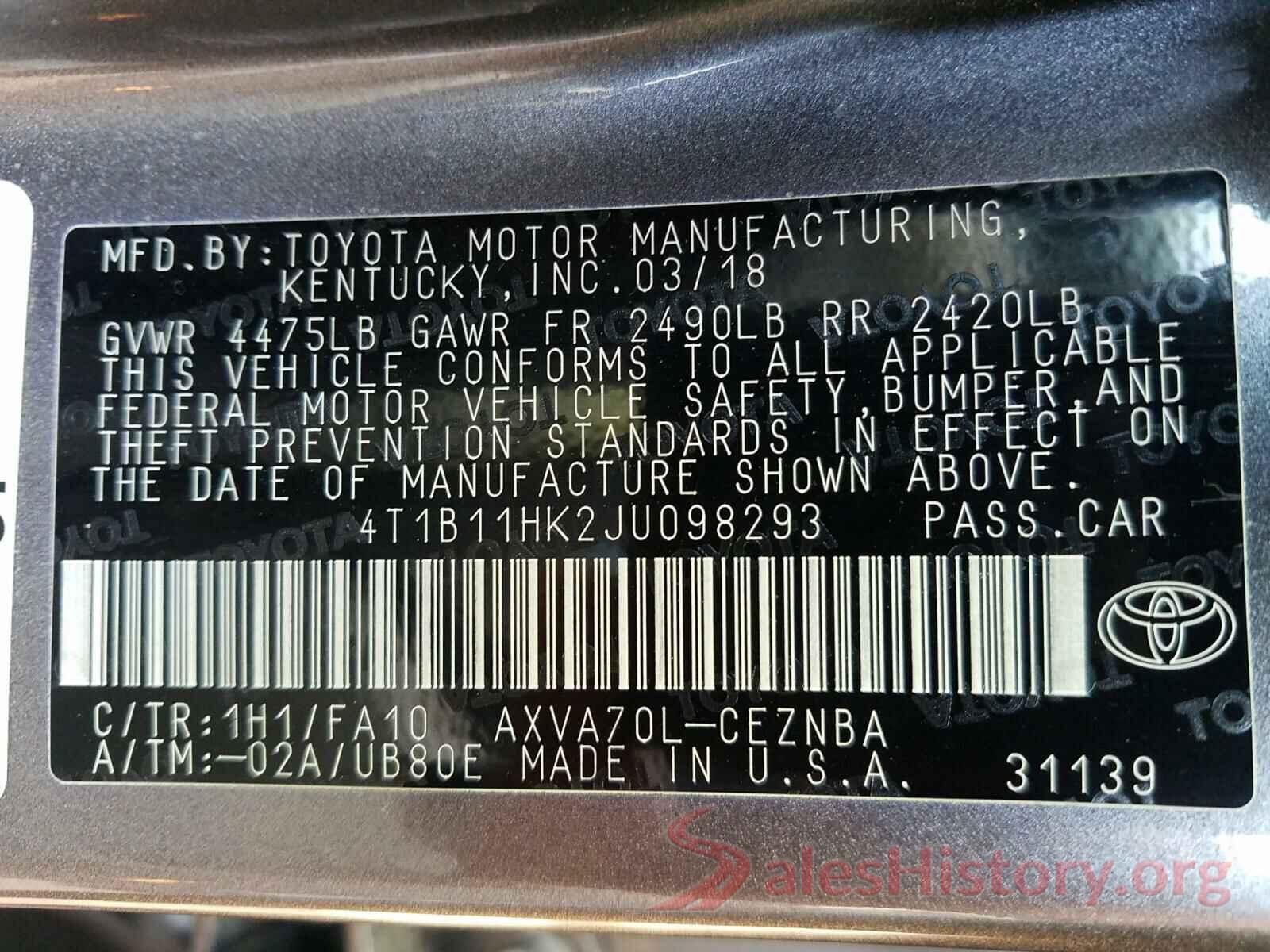 4T1B11HK2JU098293 2018 TOYOTA CAMRY