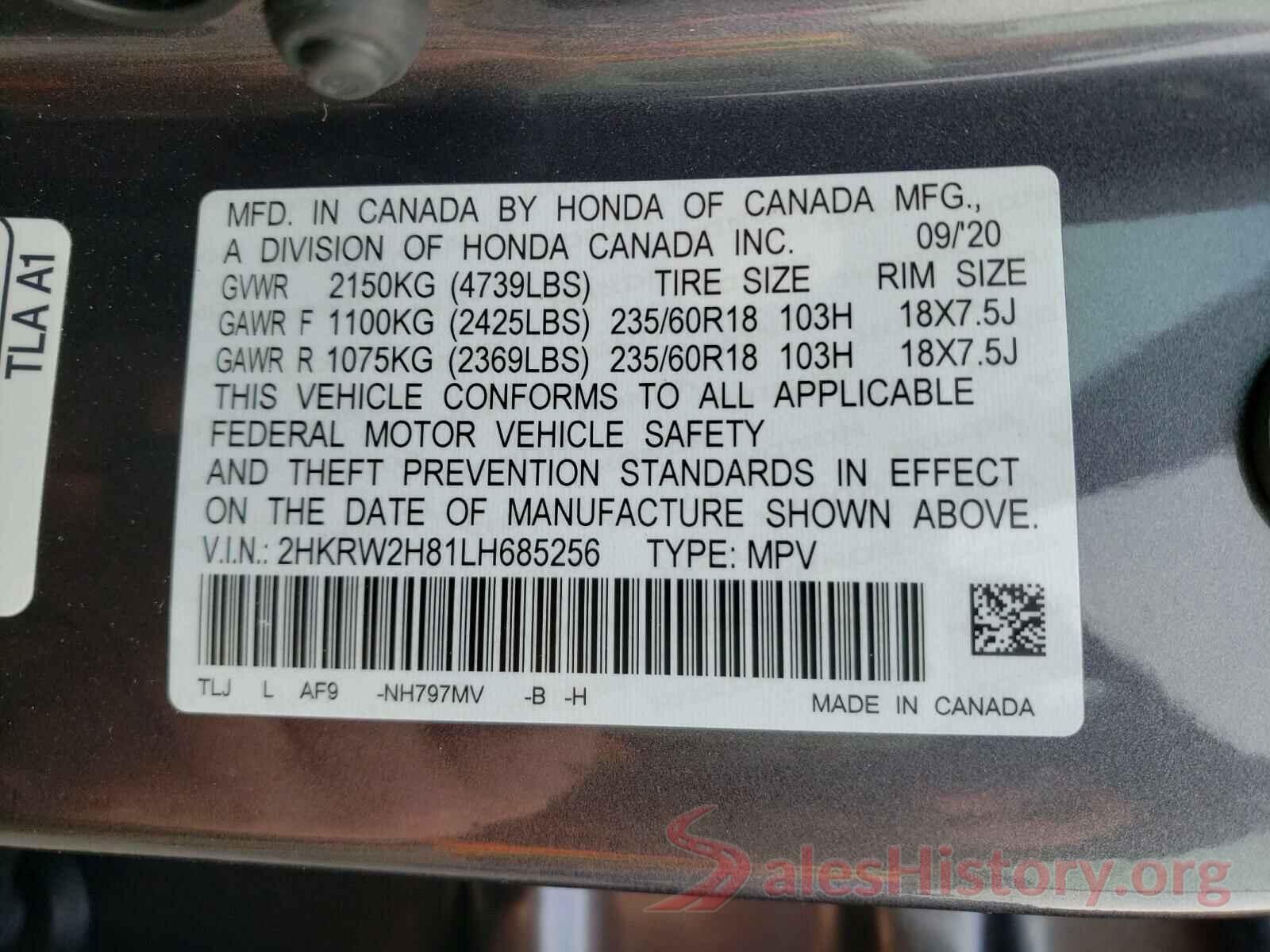 2HKRW2H81LH685256 2020 HONDA CRV