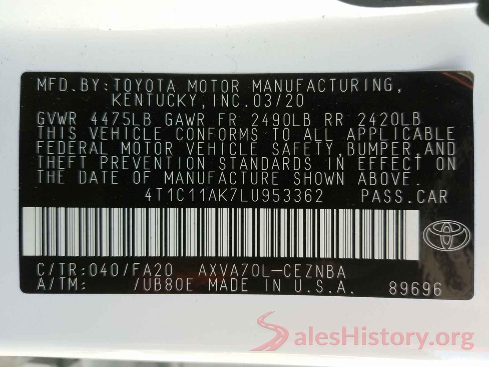 4T1C11AK7LU953362 2020 TOYOTA CAMRY