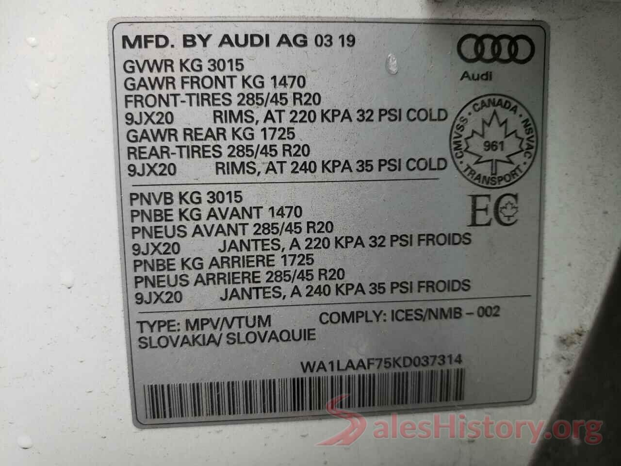 WA1LAAF75KD037314 2019 AUDI Q7