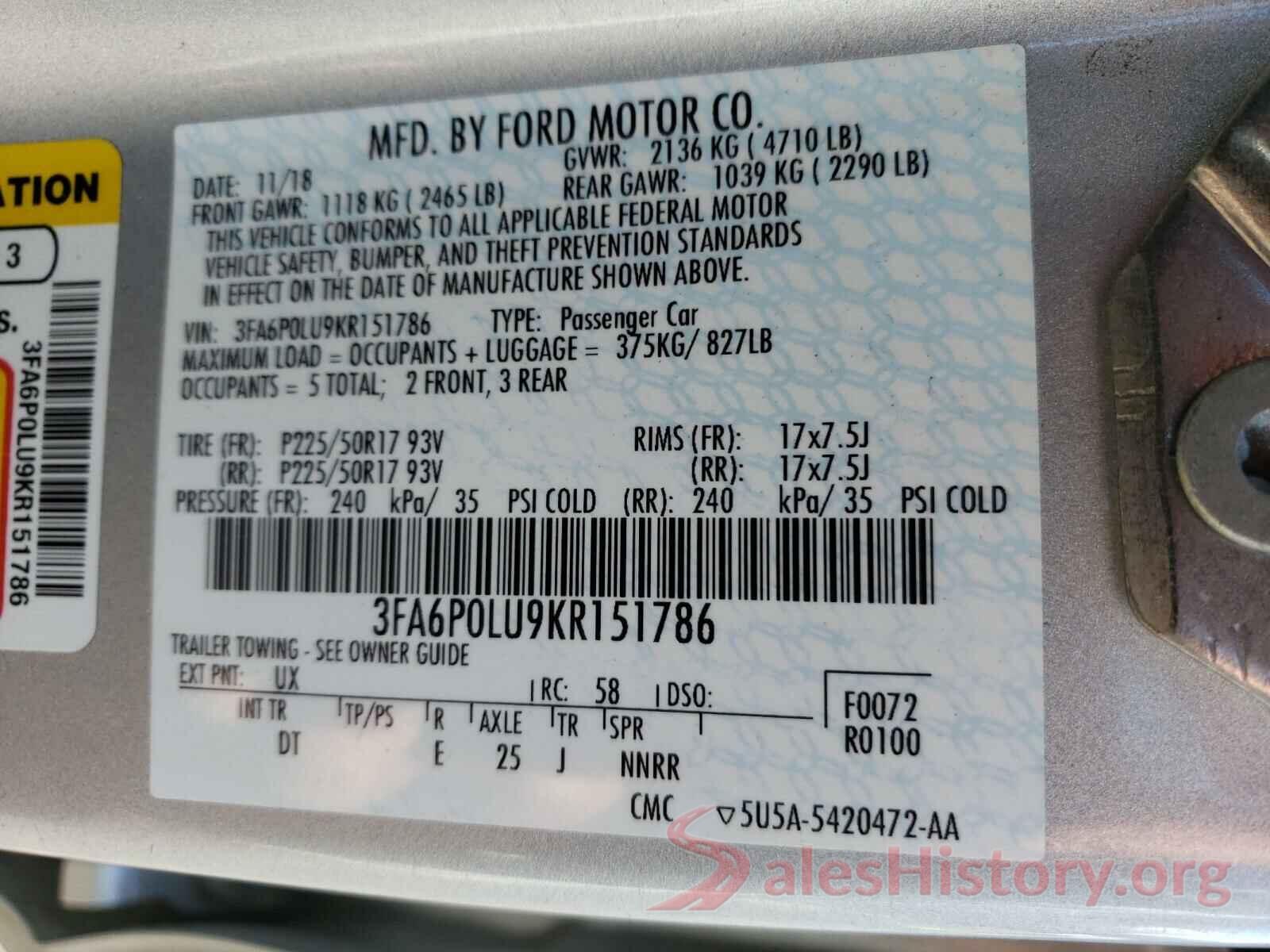 3FA6P0LU9KR151786 2019 FORD FUSION