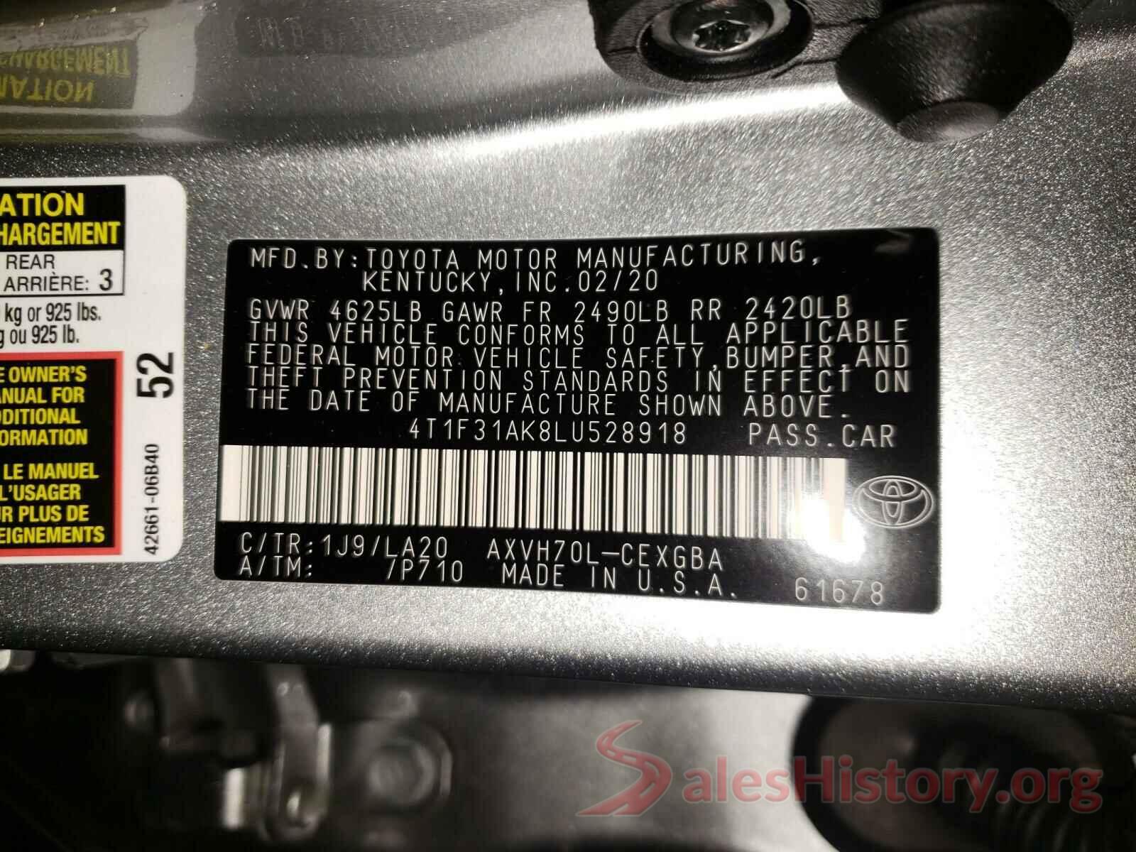 4T1F31AK8LU528918 2020 TOYOTA CAMRY