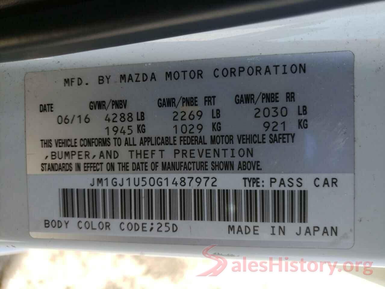 JM1GJ1U50G1487972 2016 MAZDA 6