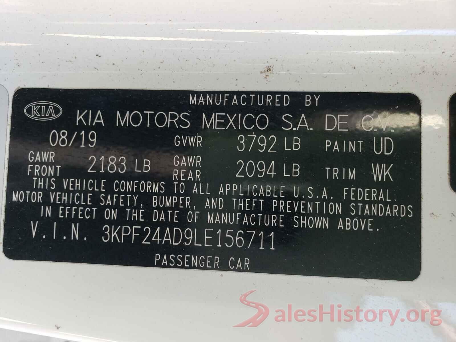 3KPF24AD9LE156711 2020 KIA FORTE