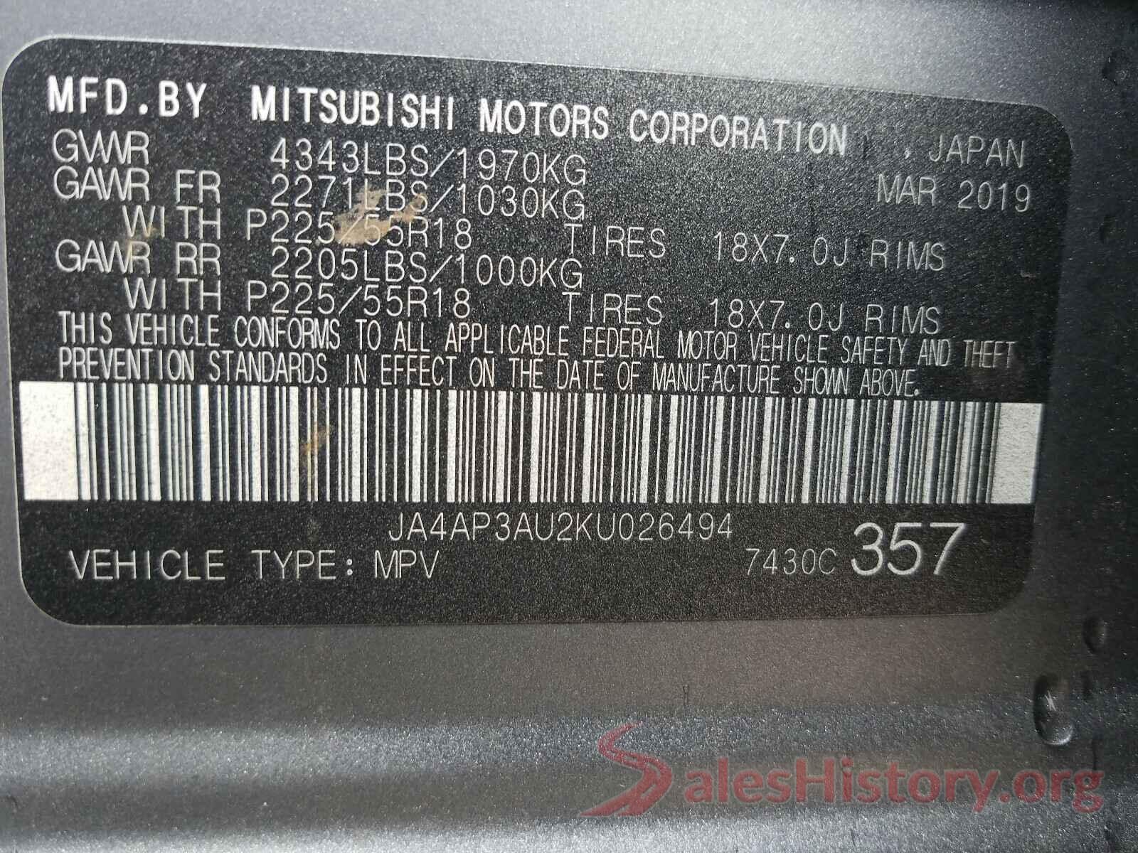 JA4AP3AU2KU026494 2019 MITSUBISHI OUTLANDER