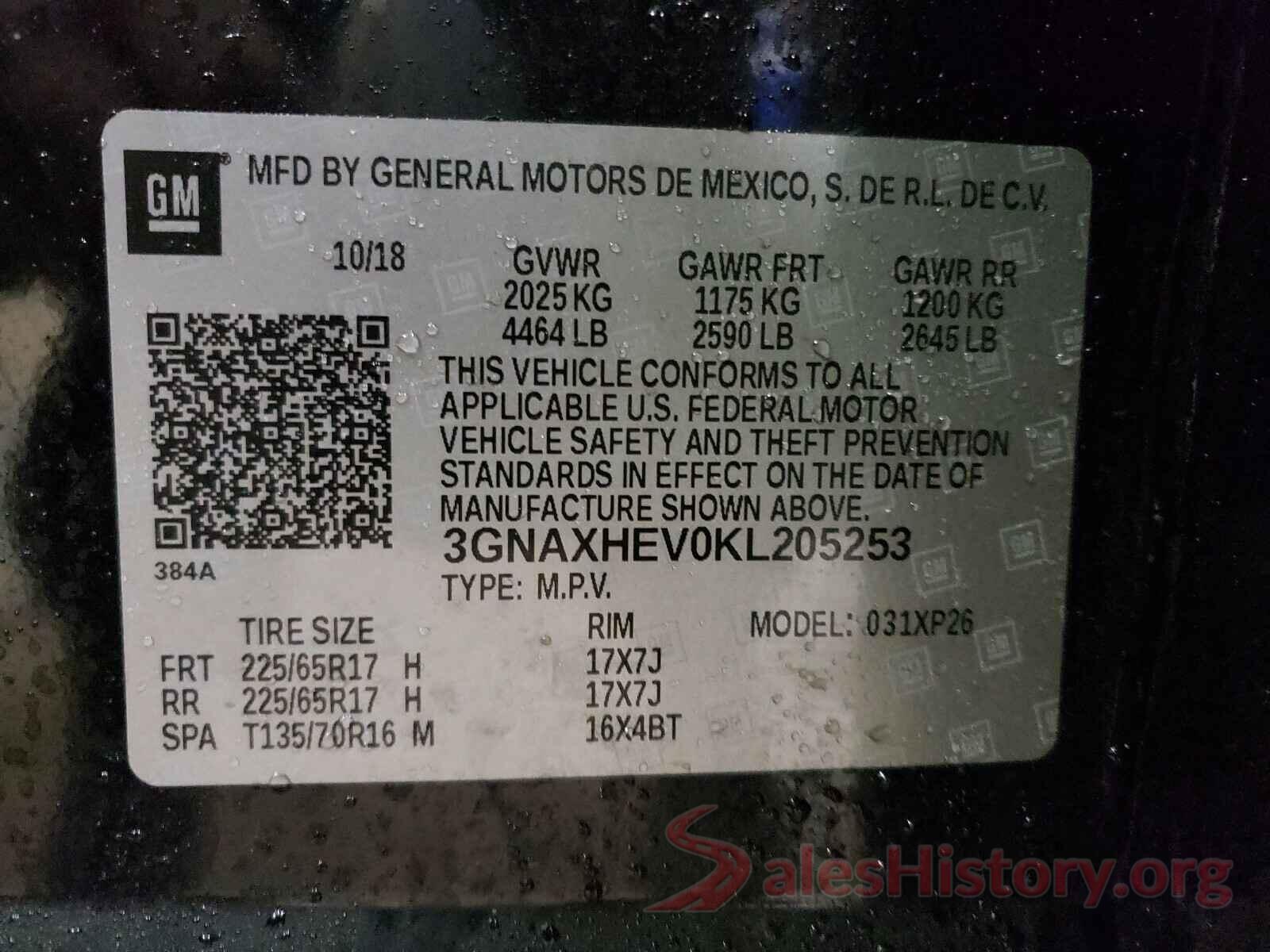 3GNAXHEV0KL205253 2019 CHEVROLET EQUINOX