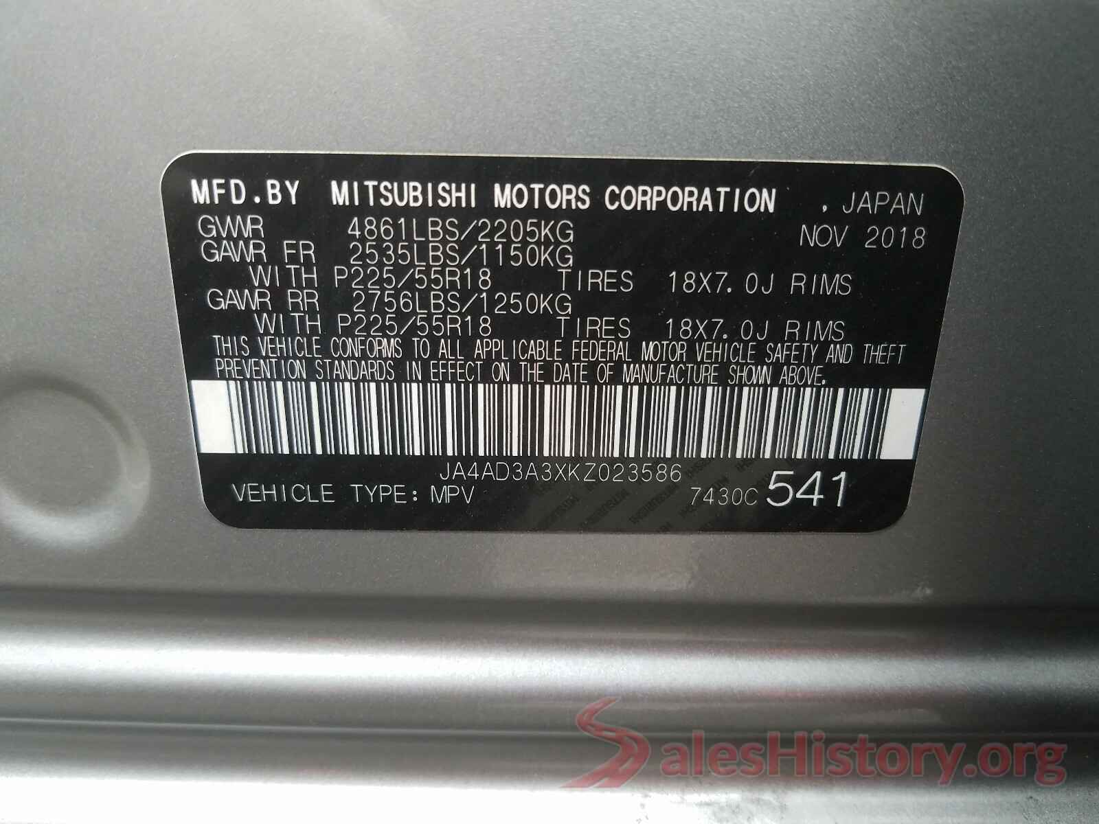 JA4AD3A3XKZ023586 2019 MITSUBISHI OUTLANDER