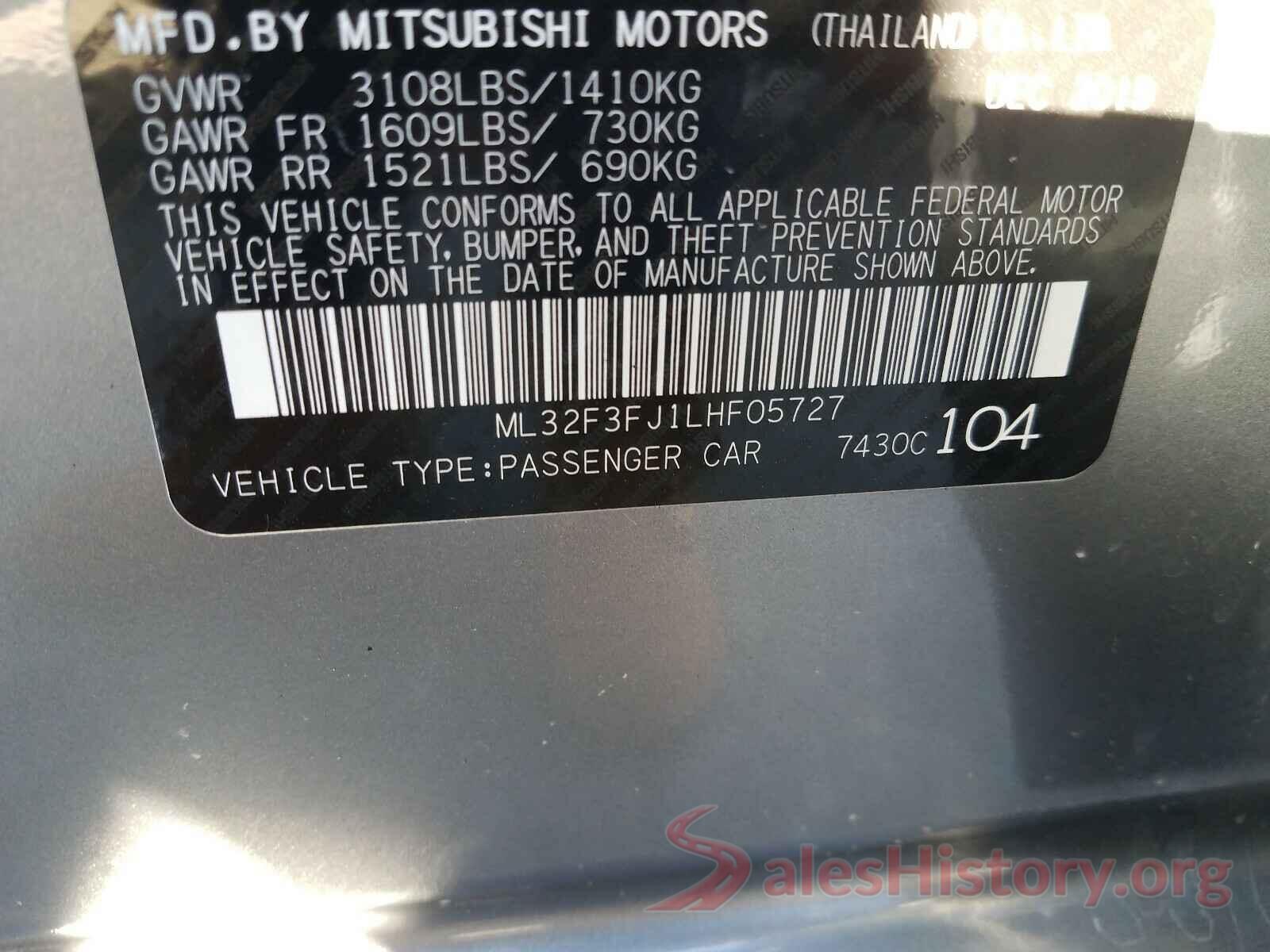 ML32F3FJ1LHF05727 2020 MITSUBISHI MIRAGE