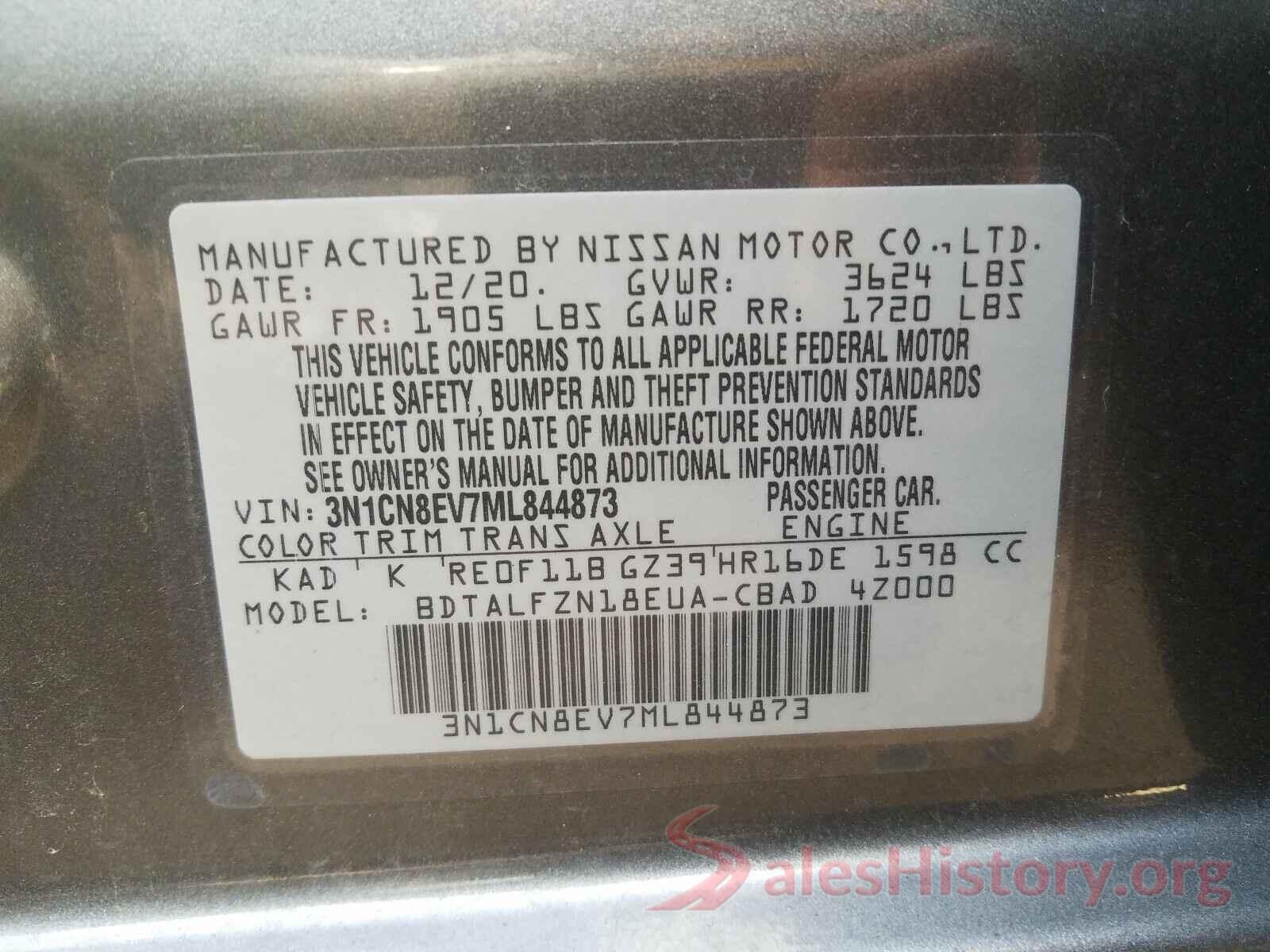 3N1CN8EV7ML844873 2021 NISSAN VERSA