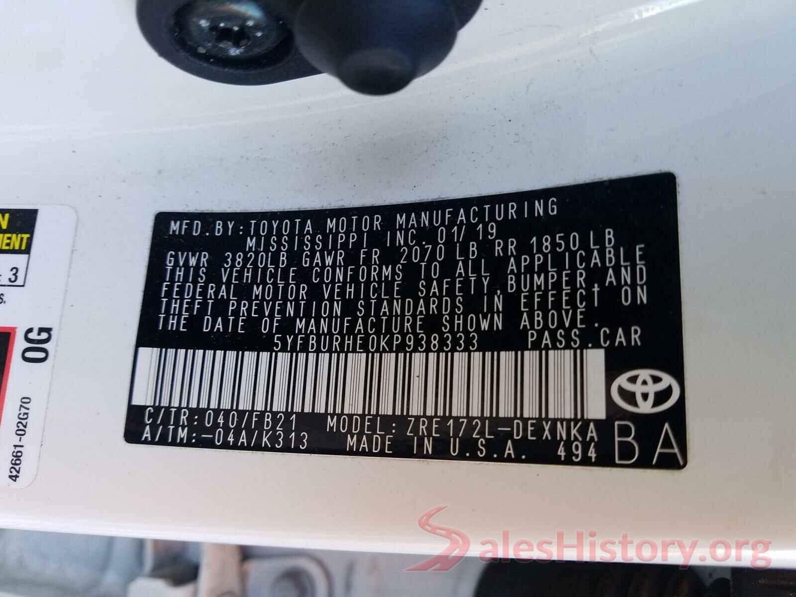 5YFBURHE0KP938333 2019 TOYOTA COROLLA