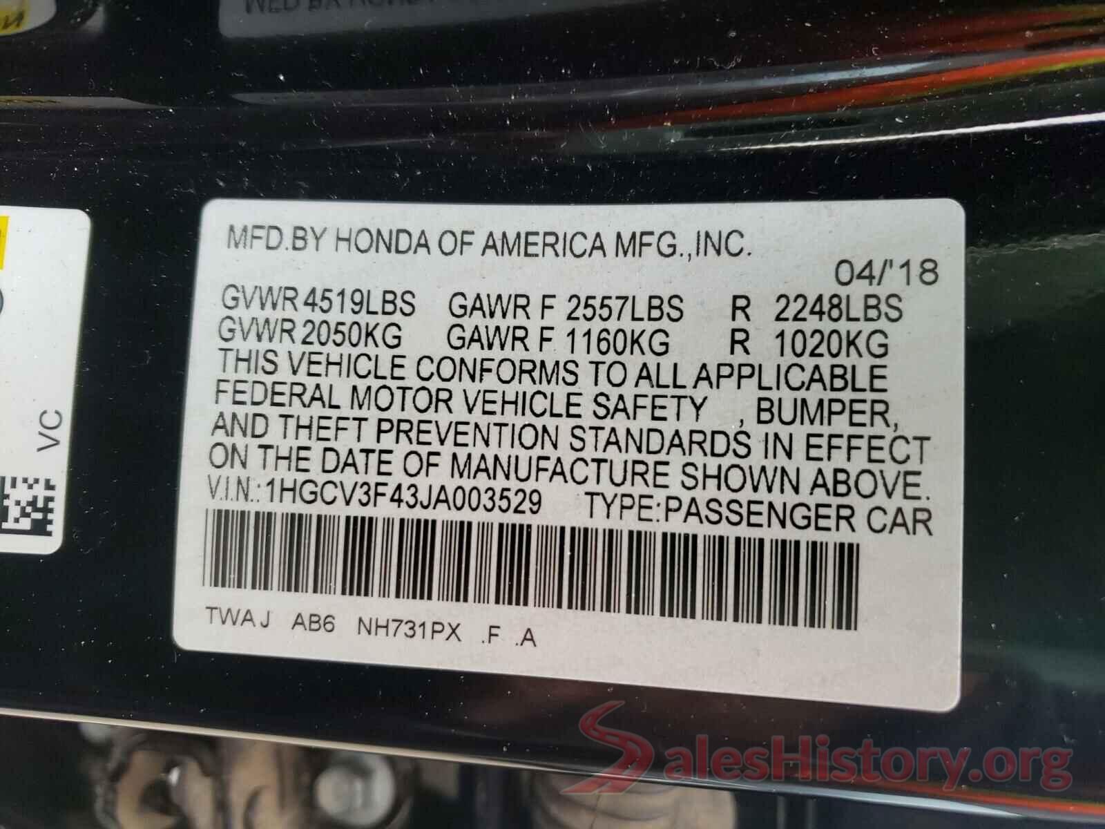 1HGCV3F43JA003529 2018 HONDA ACCORD