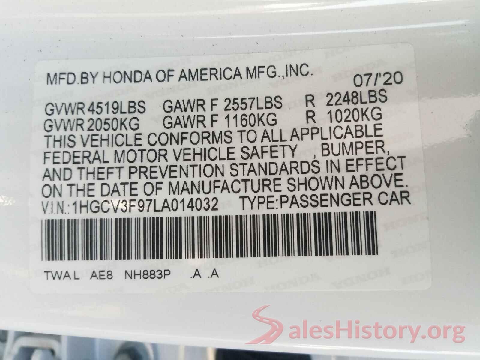 1HGCV3F97LA014032 2020 HONDA ACCORD