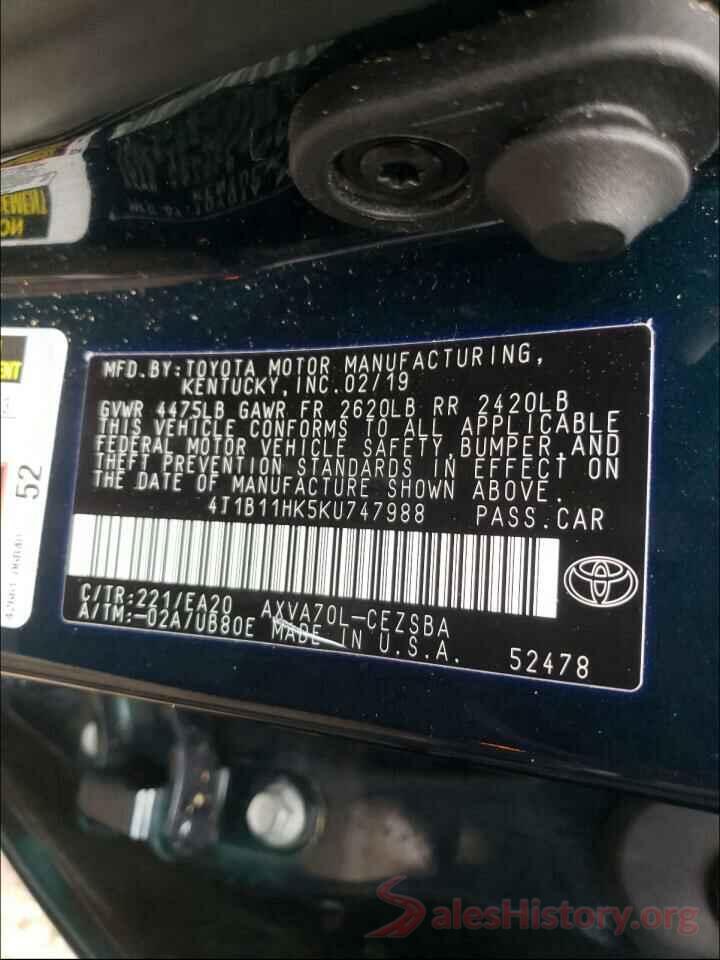 4T1B11HK5KU747988 2019 TOYOTA CAMRY