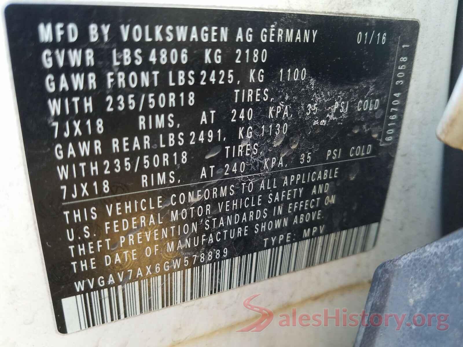 WVGAV7AX6GW578889 2016 VOLKSWAGEN TIGUAN